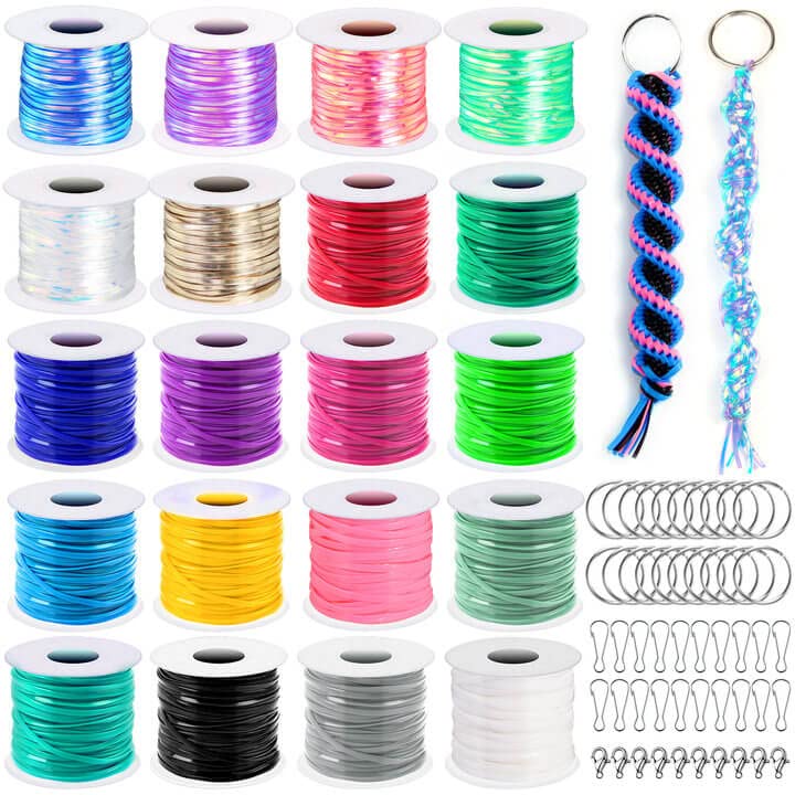 Lanyard String, Cridoz Boondoggle String Kit with 20 Rolls Plastic Lacing  Cord and 50Pcs Keychain Lanyard Accessories, Gimp String Lanyard Weaving  Kit for Keychain Crafts, Bracelet and Lanyards Laser Color & Normal