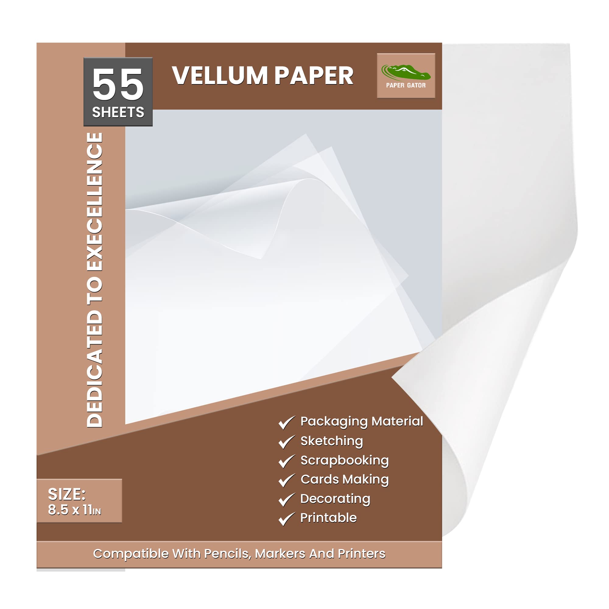 Paper Gator Vellum Paper Pack of 55 Sheets 8.5 x 11 Inches Translucent  Printable Sheets, 93 GSM Transparent Paper for Sketching