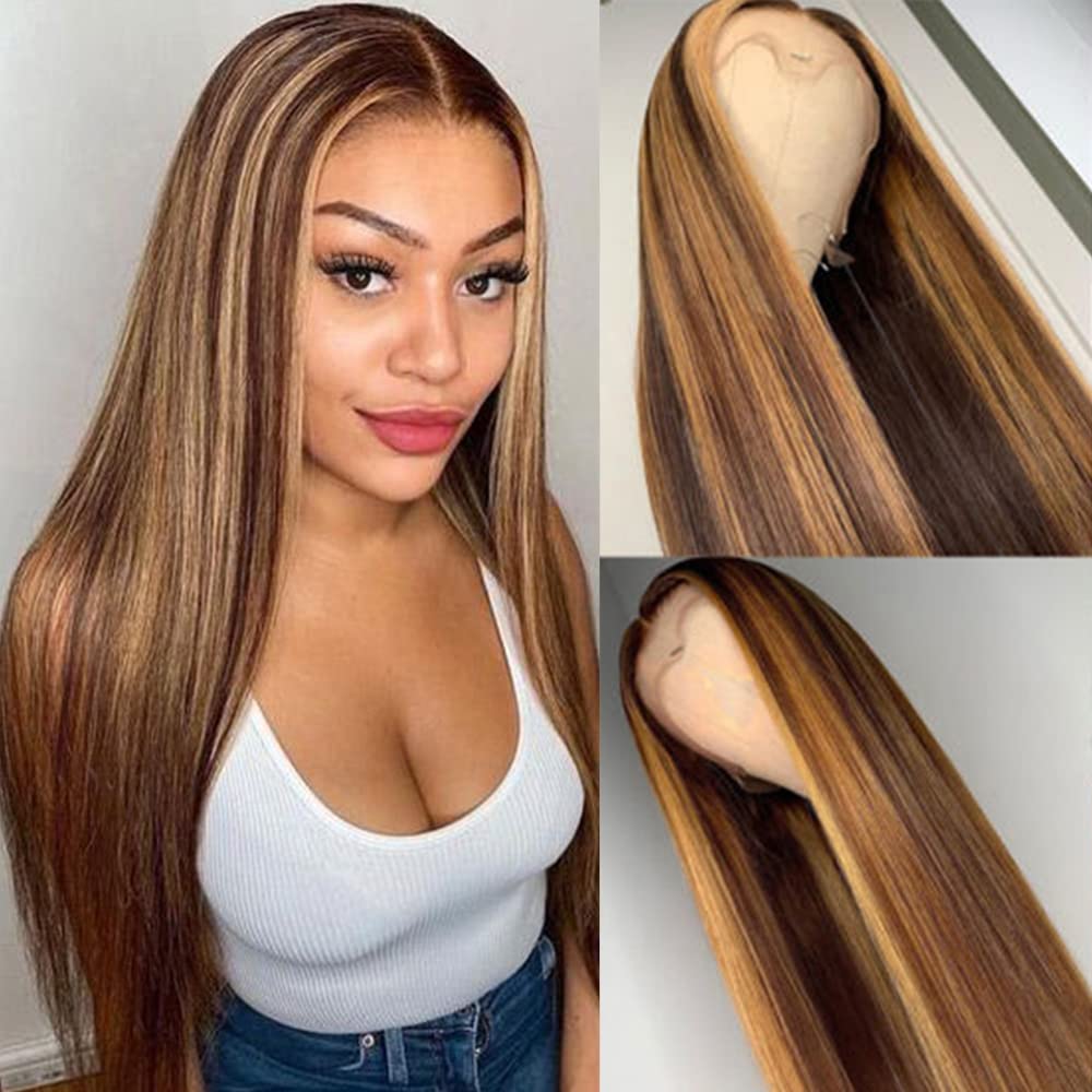 Glueless 4/27 Highlight Human Hair Wigs Brazilian Straight Lace Front Wigs  Transparent 13x6x1 Lace Wig