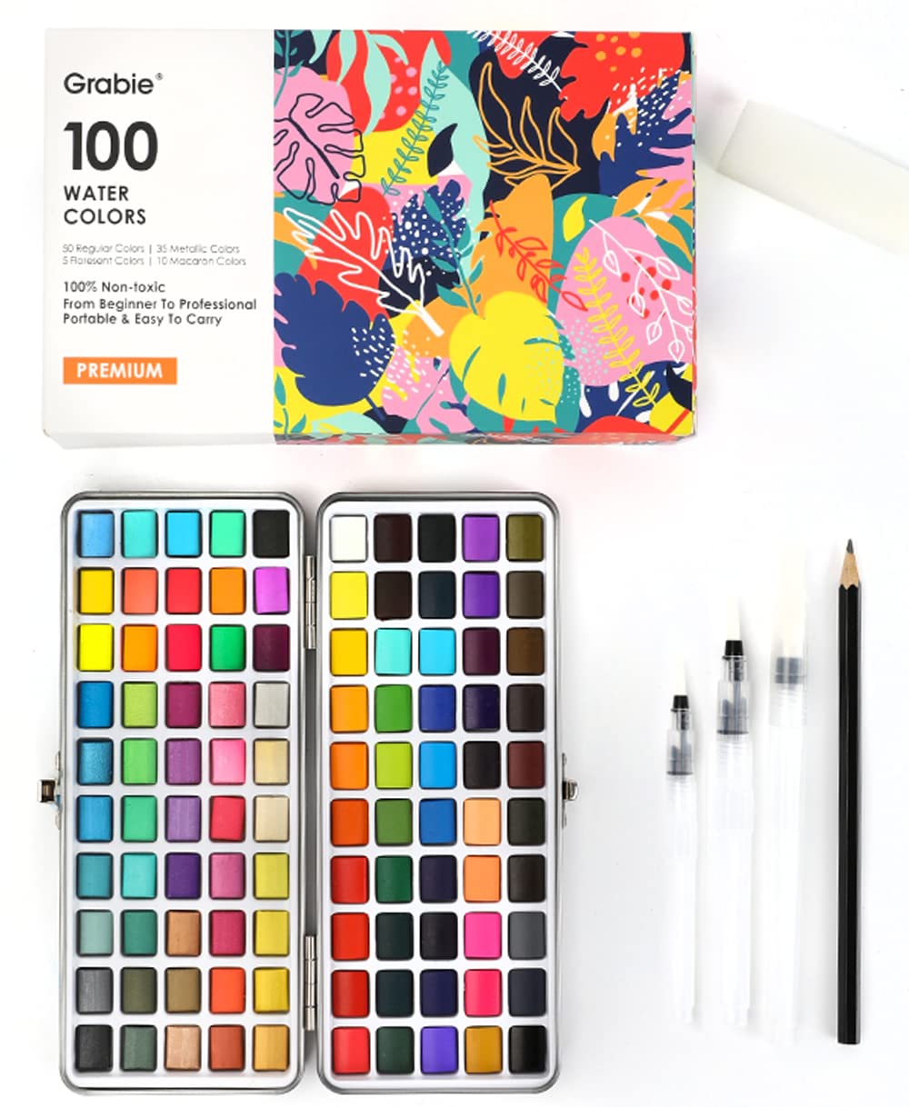 Grabie Watercolor Paint Set Watercolor Paints 100 Colors Painting Set with  Water Brush Pens and Drawing Pencil Great for Kids and Adults Art Supplies  Perfect Starter Kit for Watercolor Painting
