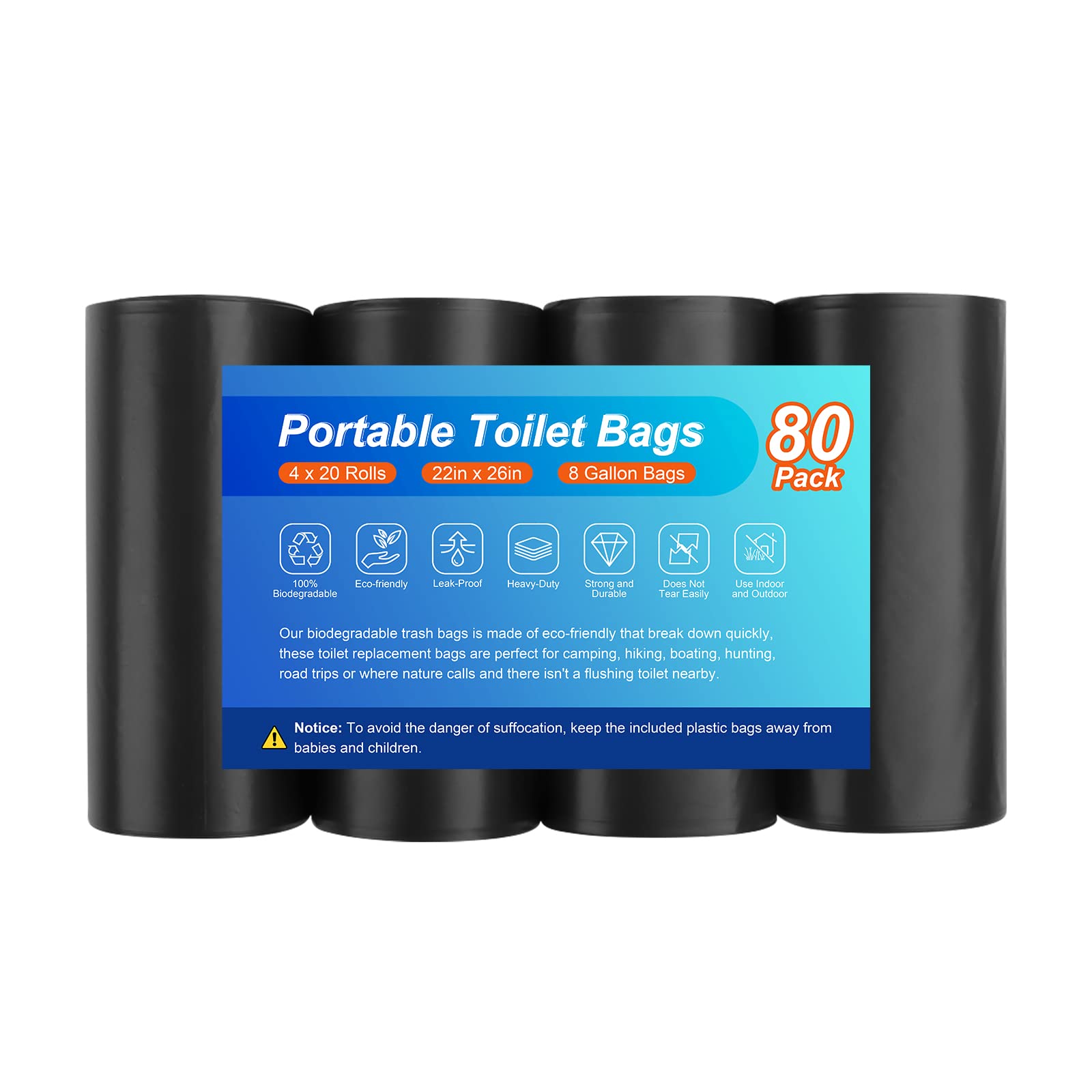 80 Portable Toilet Bags for Camping, Biodegradable Porta Potty