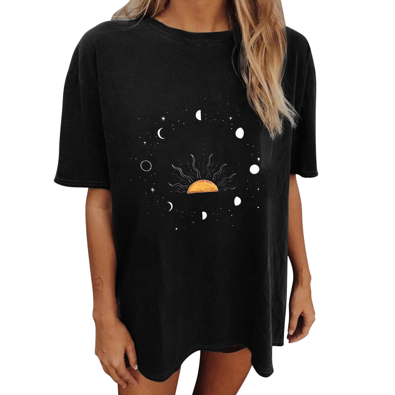 Oversized Graphic Tees for Women Vintage Baggy T Shirts Summer Y2K Short  Sleeve Tunic Tops Casual Trendy Aesthetic Clothes Medium A05-black