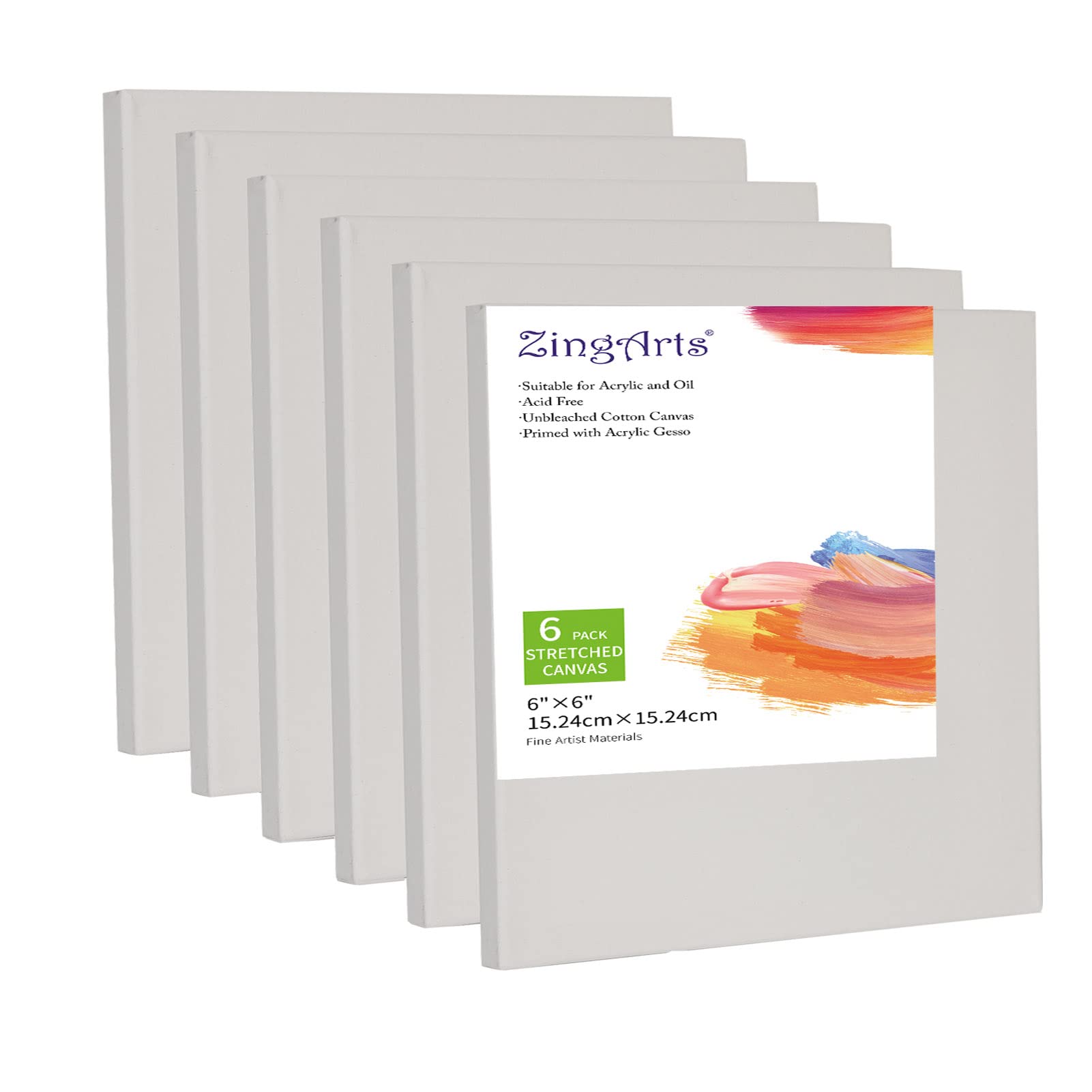 Zingarts Canvases for Painting 6x6Inch 6-Pack 100% Cotton Primed