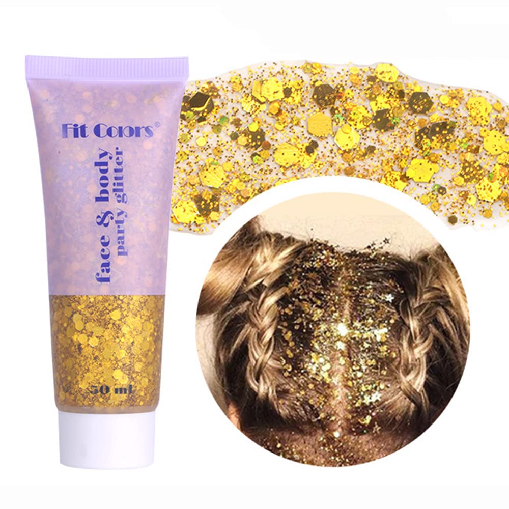 Yeweian Gold Body Glitter, Face Glitter Gel, Mermaid Sequins Lip Eye Nails  Hair Body Glitter Makeup, Liquid Holographic Chunky Glitter Festival Rave  Accessories, Body Glitter Gel for Women,50g 02Gold