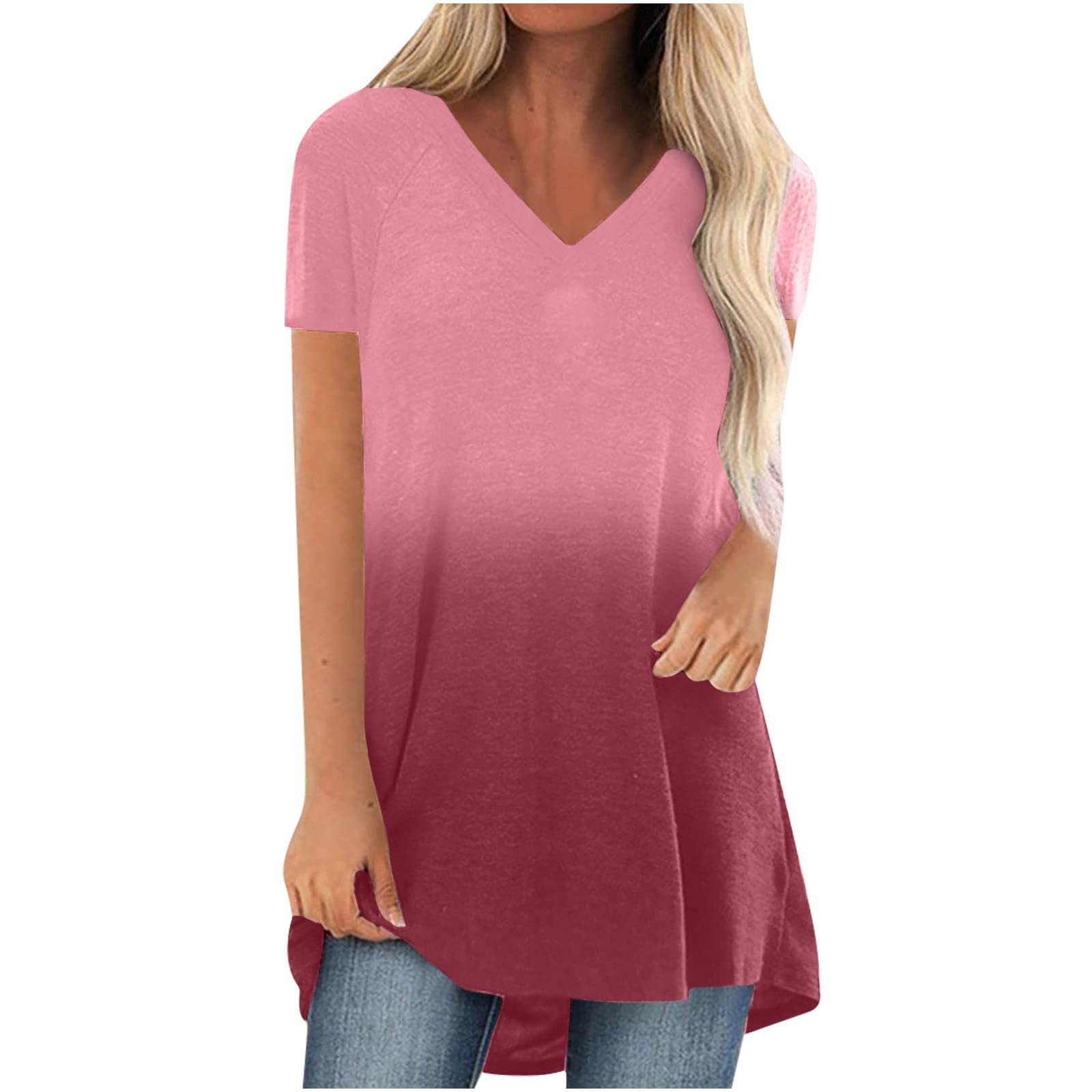 ABABC Women's Tops for Leggings,Dressy Casual Ombre Print V-Neck T Shirts  That Hide Belly