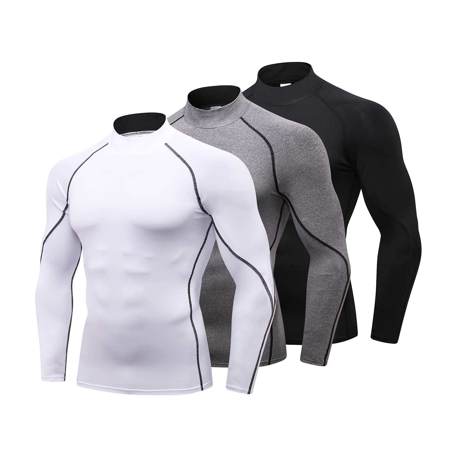 3 Pack Mens Mock Turtleneck Compression Shirts Long Sleeve Sun Protection  Shirts Cooling Workout Gym Tops Undershirt Blkgry+grey+white Large