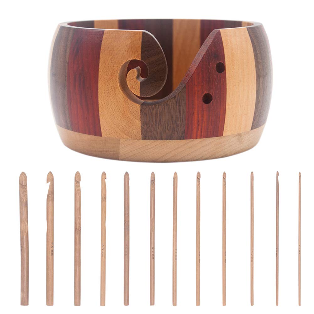 LAMXD Wooden Yarn Bowl Holder Rosewood with 12 pcs Bamboo Handle Crochet  Hook,Wool Storage Handmade
