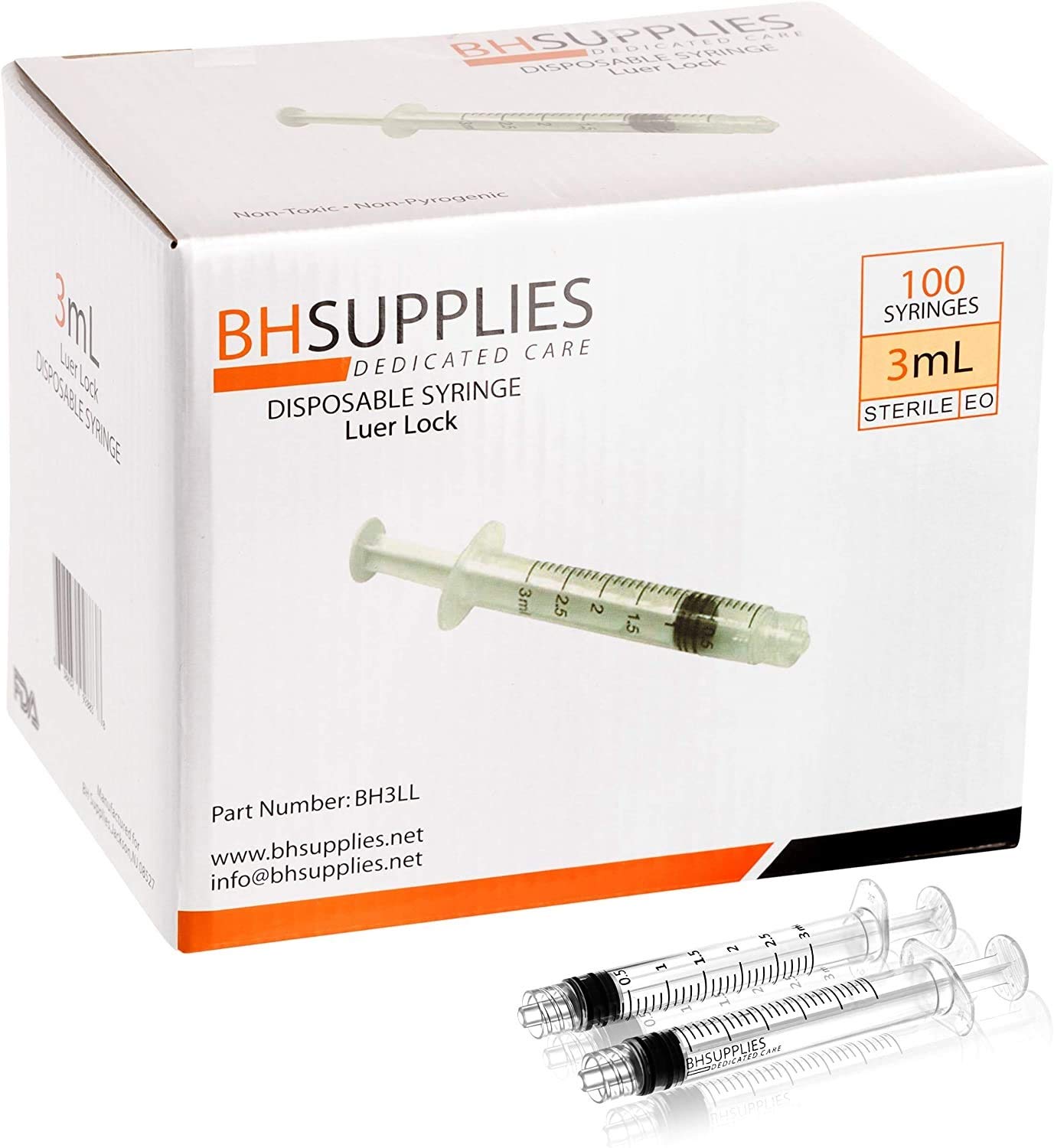 3ml Syringe Sterile with Luer Lock Tip - 100 Syringes by BH