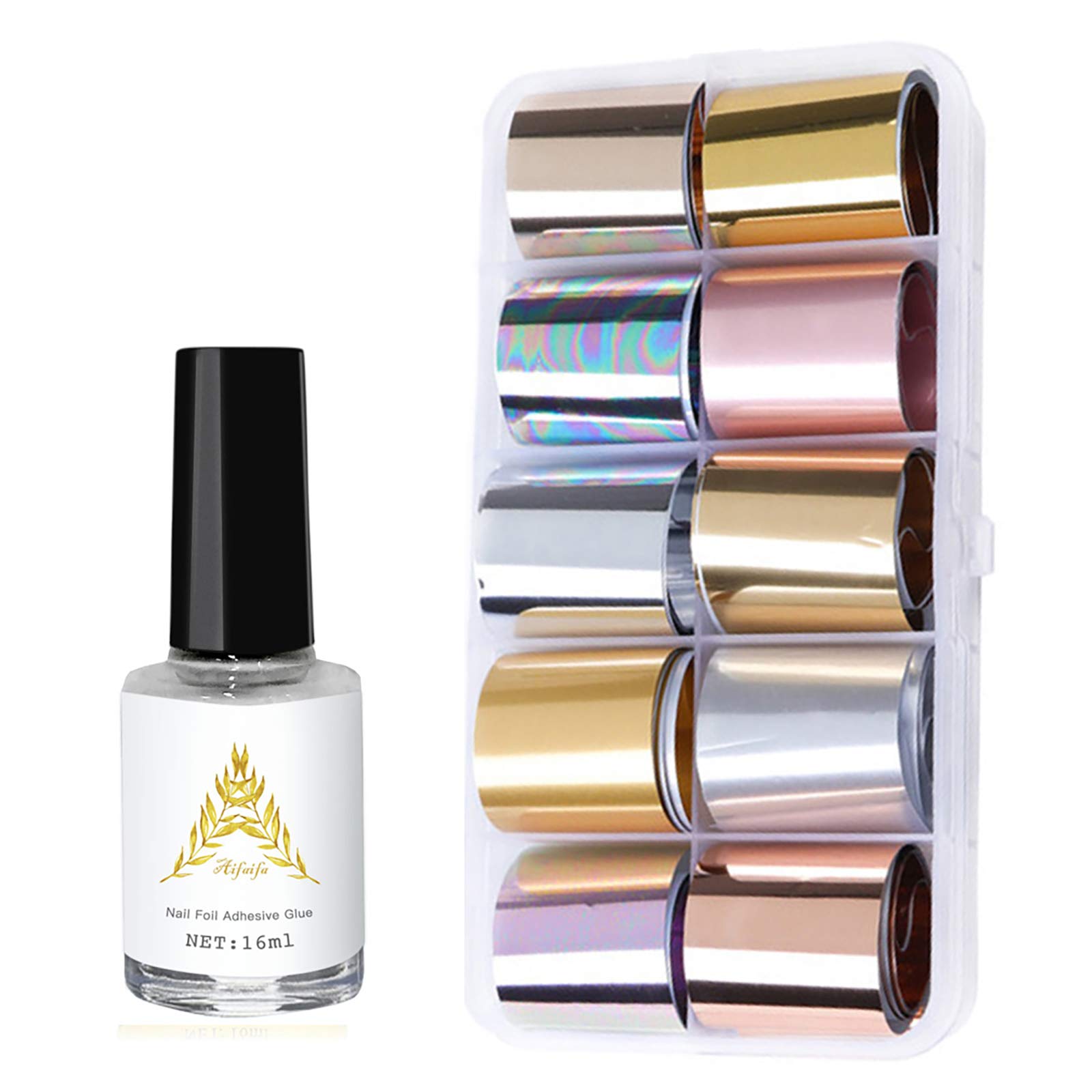 AIFAIFA Nail Foil Nail Art Foil Glue Gel 1 Bottle 16ML with 10PCS Metallic  Transfer Nail Foils Manicure Art DIY Metal Stickers Gold Silver Rose Foil  for Nails Stickers Required Nail Lamp