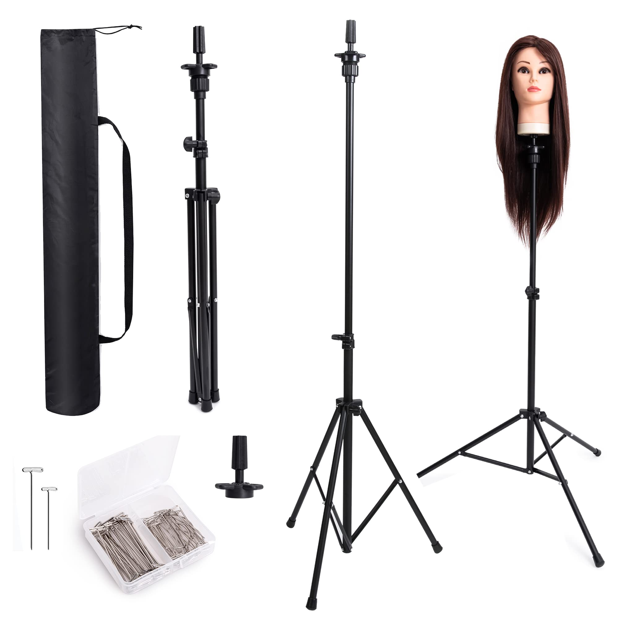 Goodofferplace GOODOFFER PLACE Wig Head Stand Metal Mannequin Head Tripod  Stand Adjustable with Carrying Bag,30pcs T-PIN for Maniquins Head Manikin