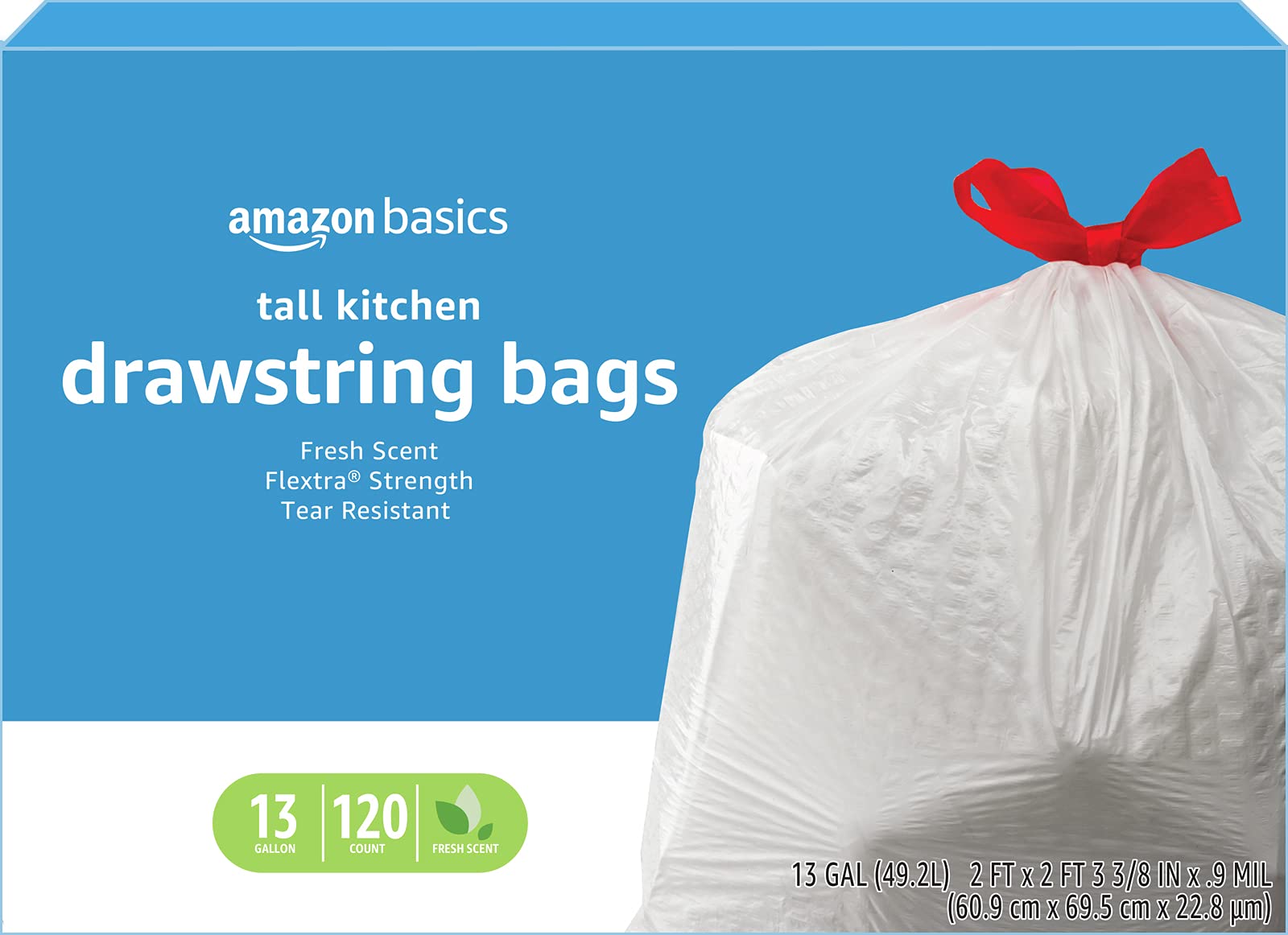 Basics Tall Kitchen Drawstring Trash Bags, Clean Fresh Scent, 13  Gallon