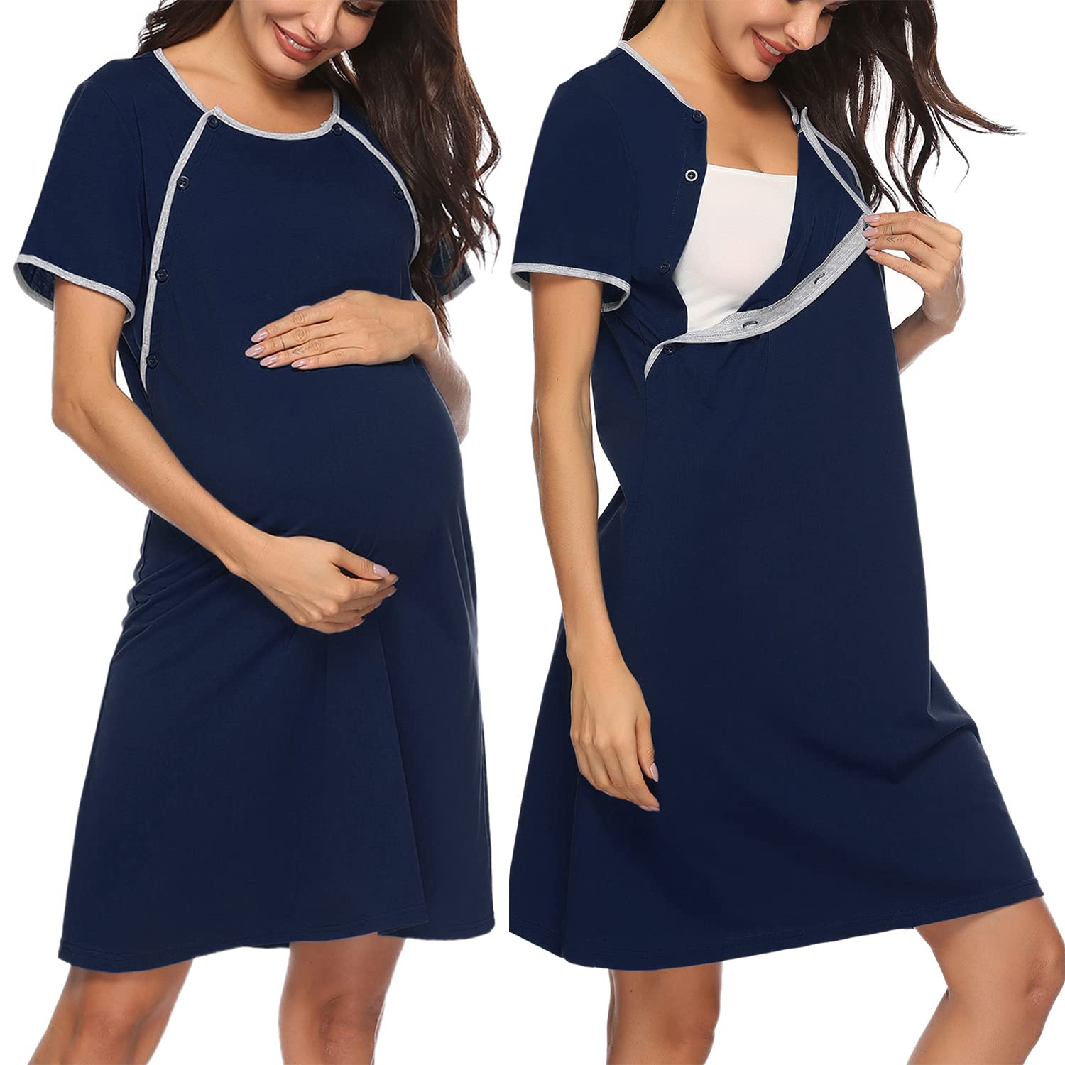 Sykooria Women's Maternity Nightdress Breastfeeding Nightwear Short Sleeve  Nursing Nightgown Button Down Sleep Shirt V Neck