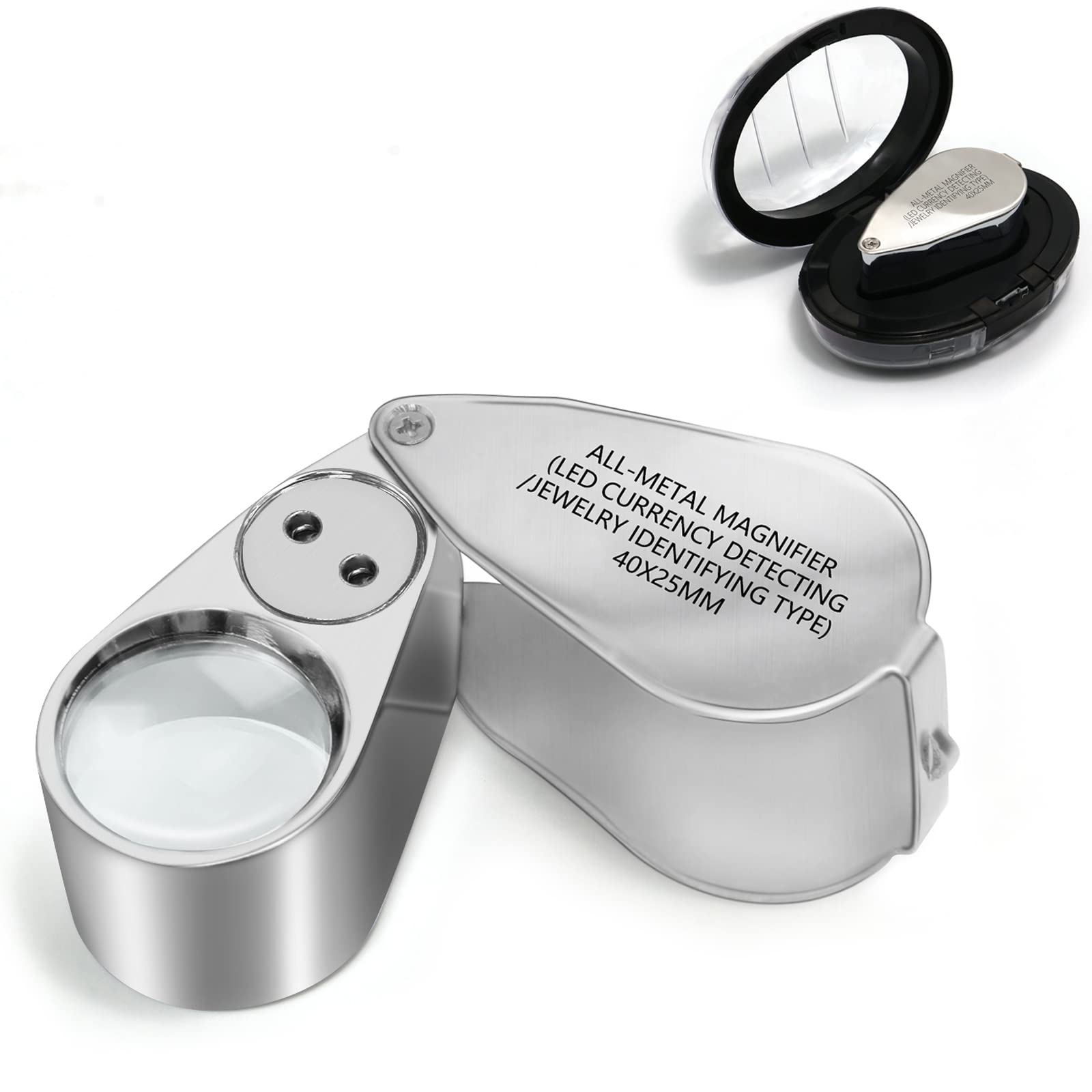 40X Full Metal Illuminated Jewelers Eye Loupe Magnifier, Small Pocket  Folding Magnifying Glass Jewelry Loop with LED for Gems, Jewellery, Coins,  Map, Stamps, Currency Detect, Elders Gift, 1'' Lens Dia