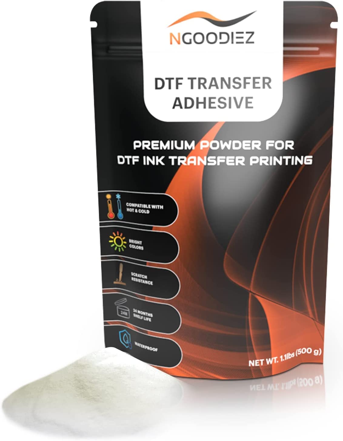 NGOODIEZ DTF Powder Digital Transfer - Hot Melt Adhesive DTF Pretreat  Transfer Powder for Direct Printing on Any Colored/White Fabric Adhesive  Powder for DTF Printer & Film (White 17.6 oz / 500