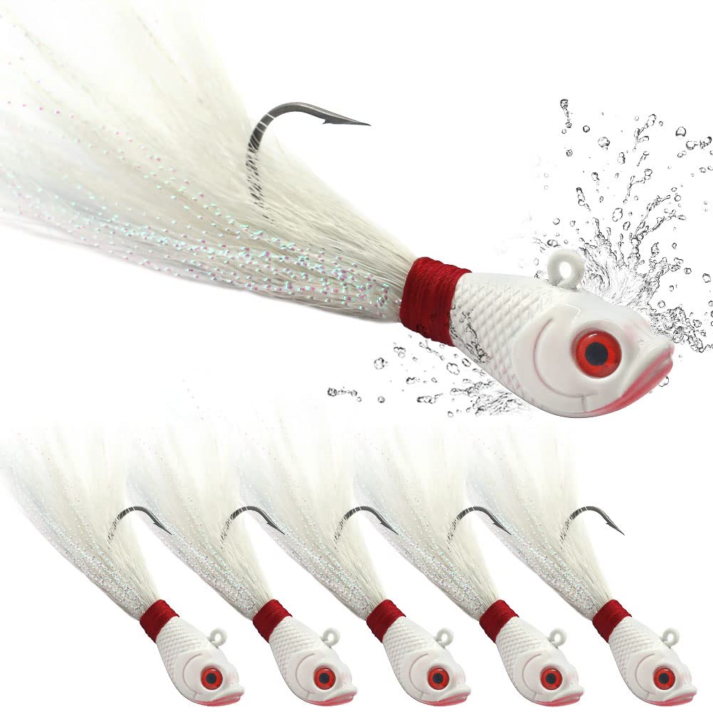 Bucktail Jigs Saltwater Hair Jigs Head Flukes Fishing Lures Assorted Kit  for Striped Bass Walleye Snook Rockfish 1/4oz 1/2 oz 1oz 2 oz Pack of 5 1/4  oz 5 pack All White -5 Piece Kit