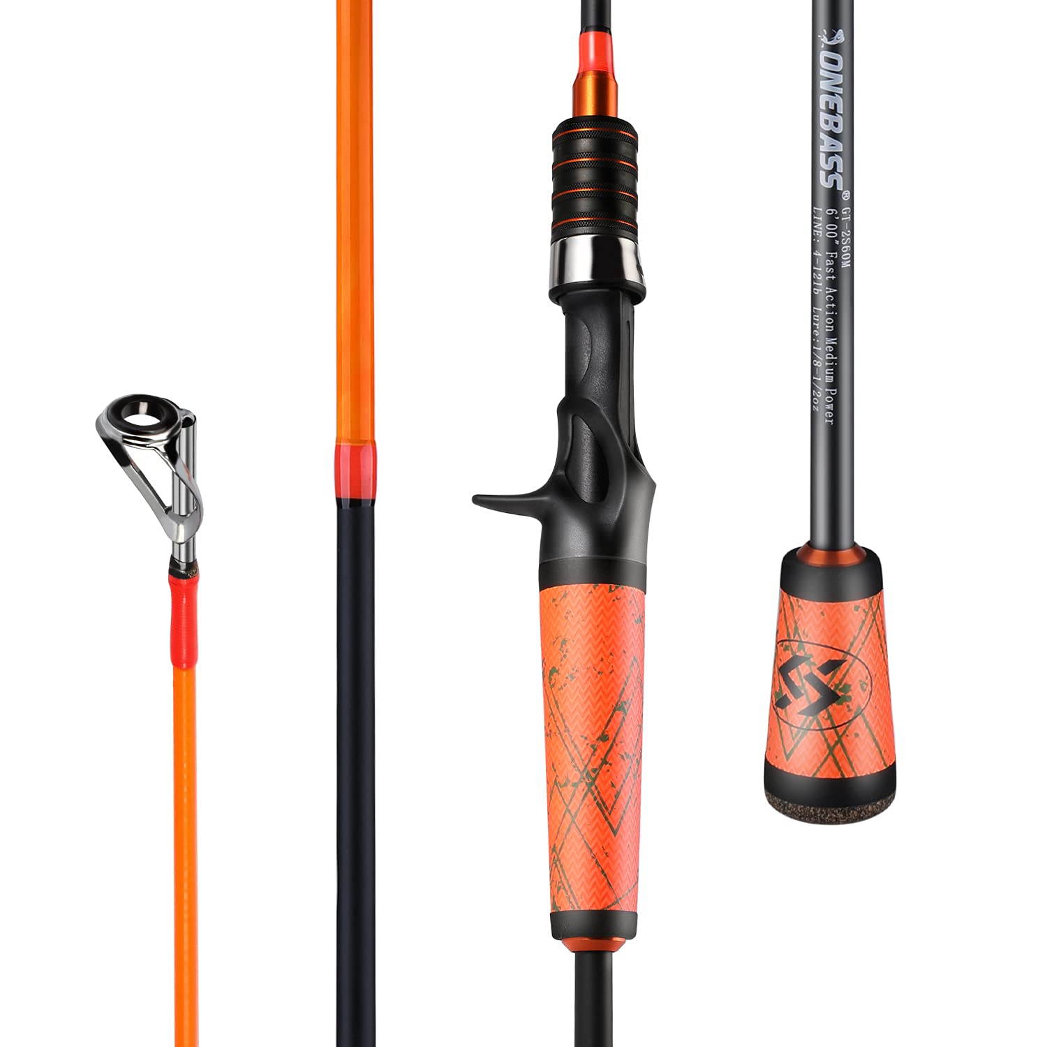 One Bass Fishing Pole 24 Ton Carbon Fiber Casting and Spinning Rods - Two  Pieces, SuperPolymer Handle Fishing Rod for Bass Fishing B-Orange-Cast Cast -6'6Medium-2piece