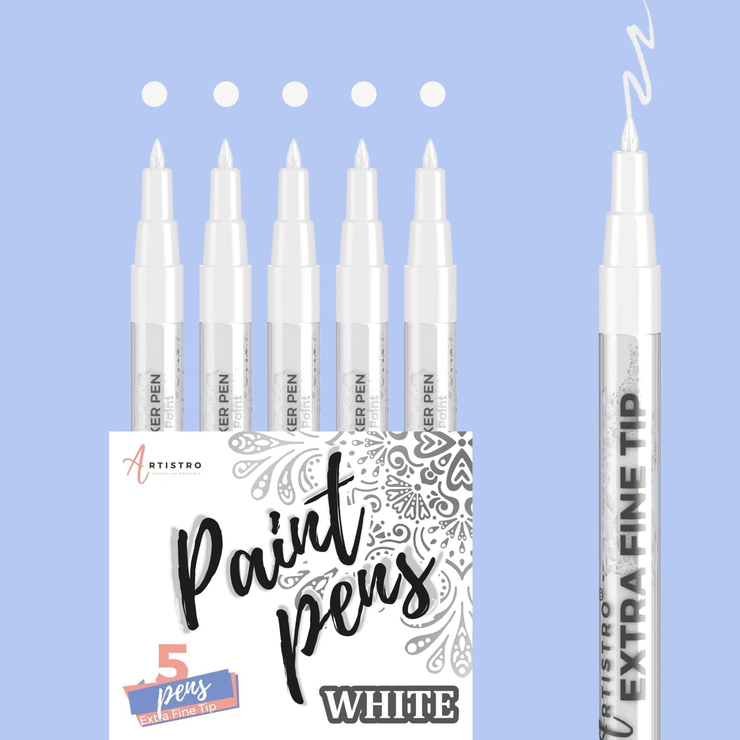 White Paint Pens for Rock Painting, Stone, Ceramic, Glass, Wood. Set of 5  Acrylic Paint Markers White Extra-fine Tip 0.7mm 