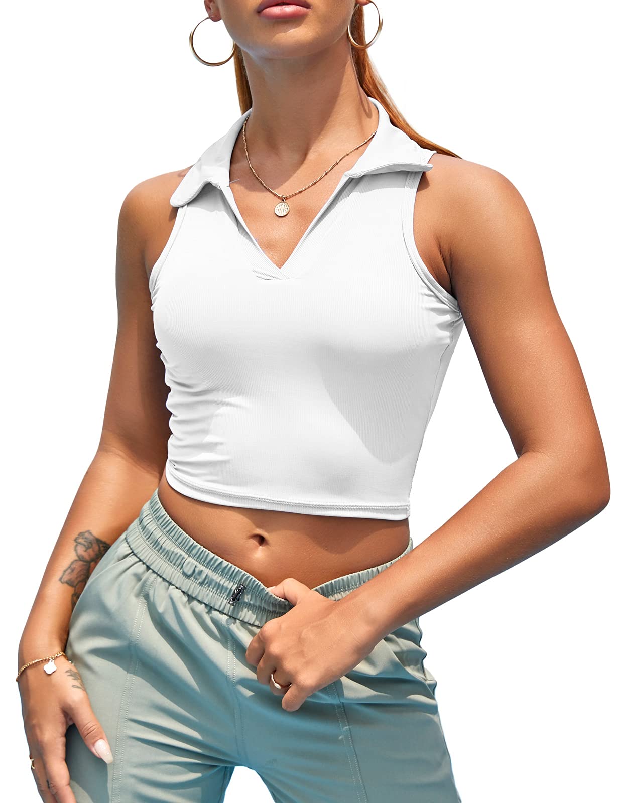 Women Workout Crop Top Built in Bra Ribbed Athletic Tank Tops Casual  Sleeveless Collar Shirts Padded