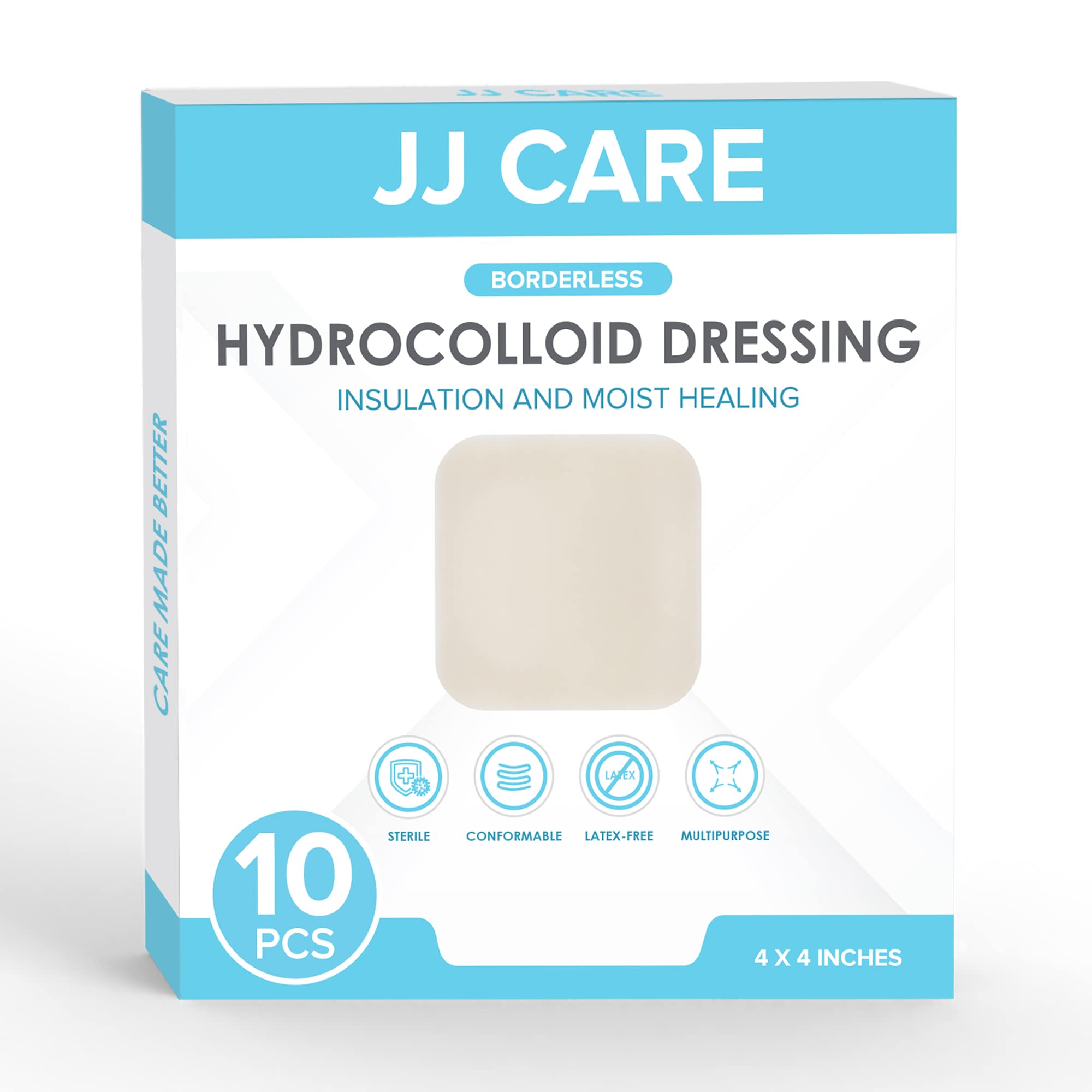 JJ CARE Hydrocolloid Dressing Pack 10 4x4 Hydrocolloid Bandages w/o Border  Self-Adhesive Hydrocolloid Wound Dressing Faster Healing for Bedsores  Blisters and Acne