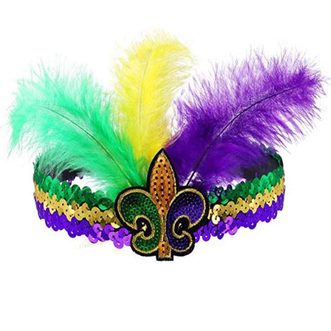 Mardi Gras Feather Headband Sequins Glitter Hair Band for Adult Women Men  TSFD14 (Purple)