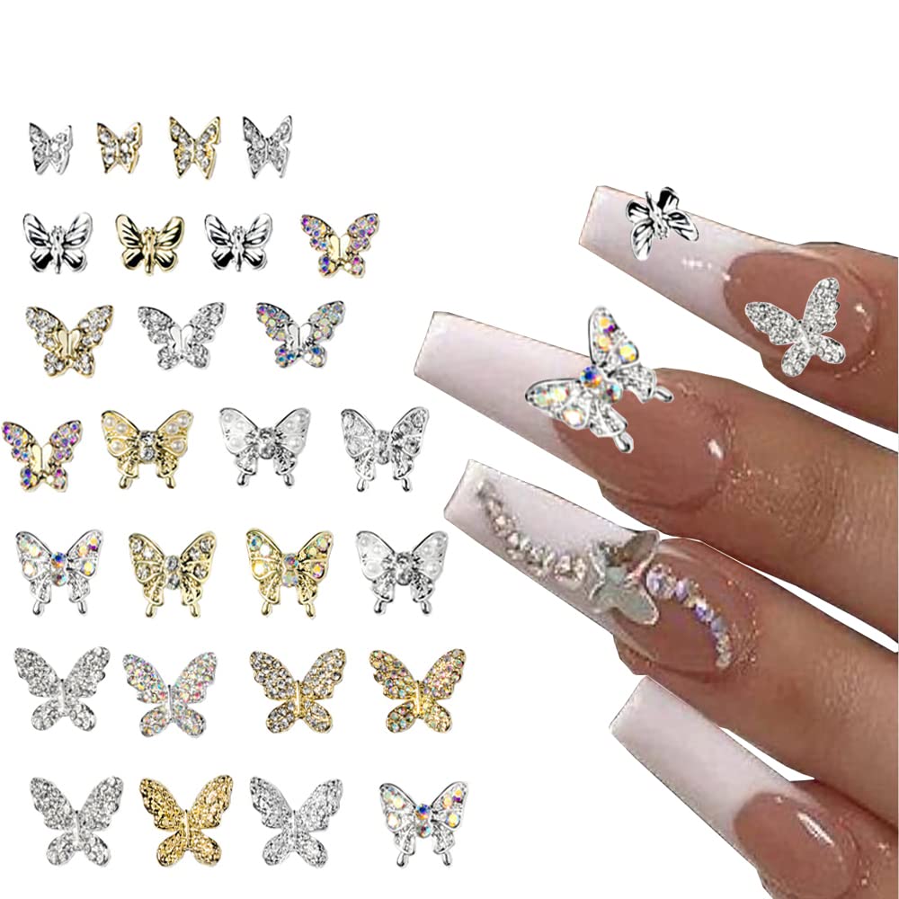 3D Butterfly Nail Charms Crystals Diamonds Rhinestones 22 PCS Metal Alloy  Gold Silver Butterflies Charms Gems