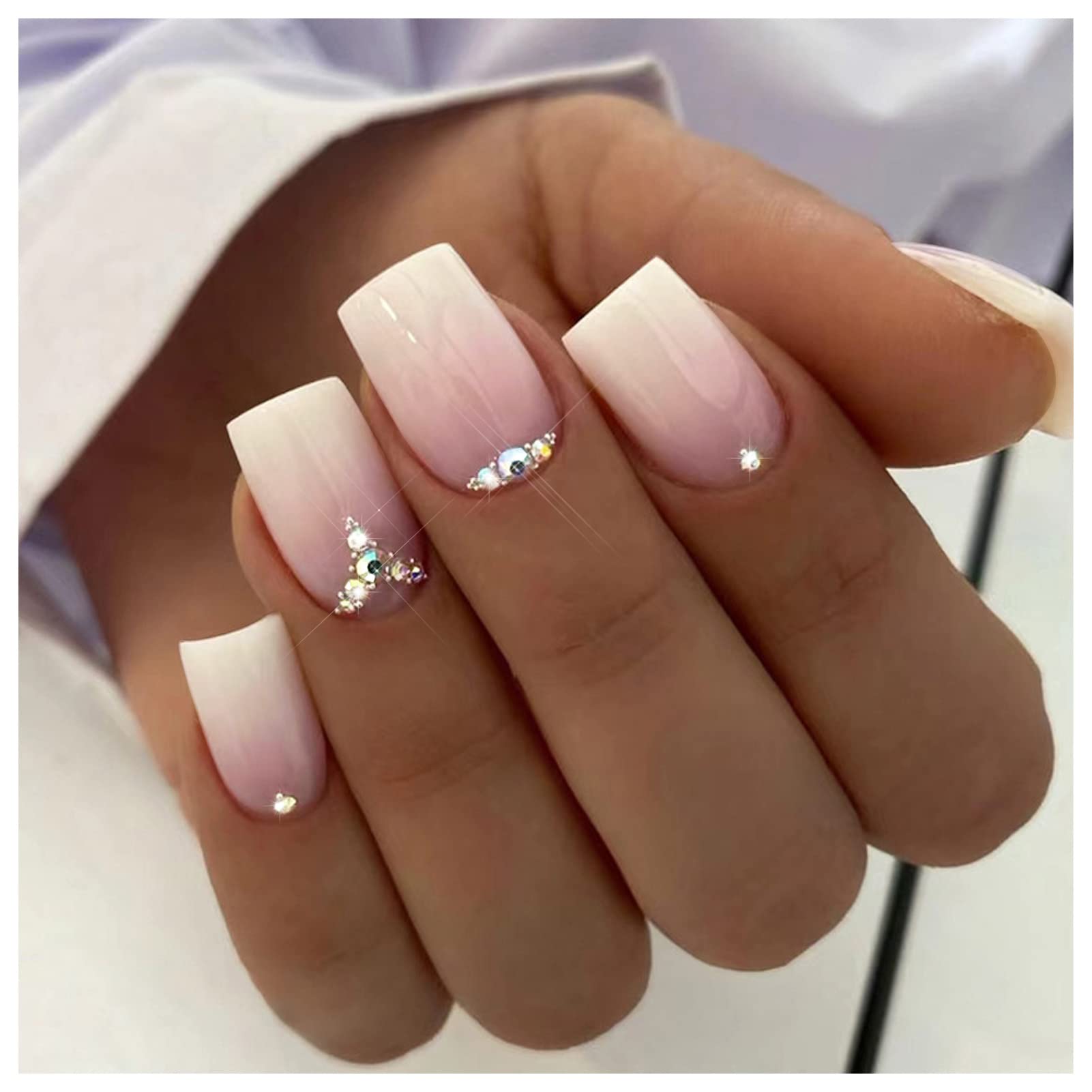 24Pcs Milky White Press on Nails Medium Length Gradient Pink Fake