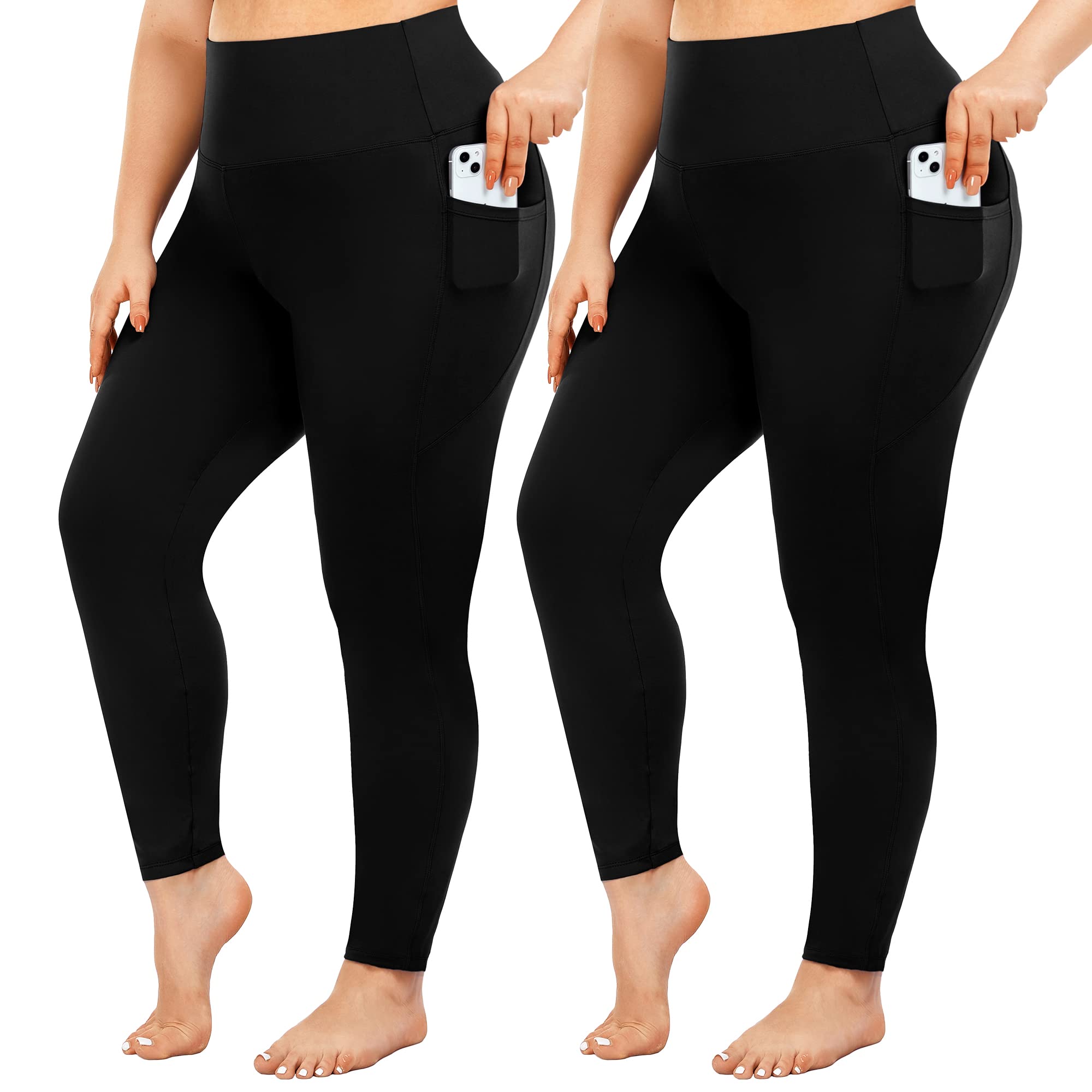 yeuG Women's Plus Size Leggings with Pocket-2 Pack High Waist Tummy Control  Yoga Pants Spandex Workout Running Black Leggings Black black XX-Large