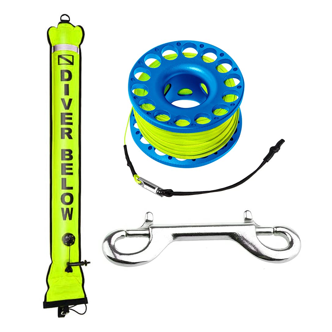 Seafard 5ft Scuba Diving Open Bottom Surface Marker Buoy (SMB) with 98ft  Finger Spool Alloy Dive Reel and Double Ended Bolt Clip 5FT Yellow SMB+Blue  Reel
