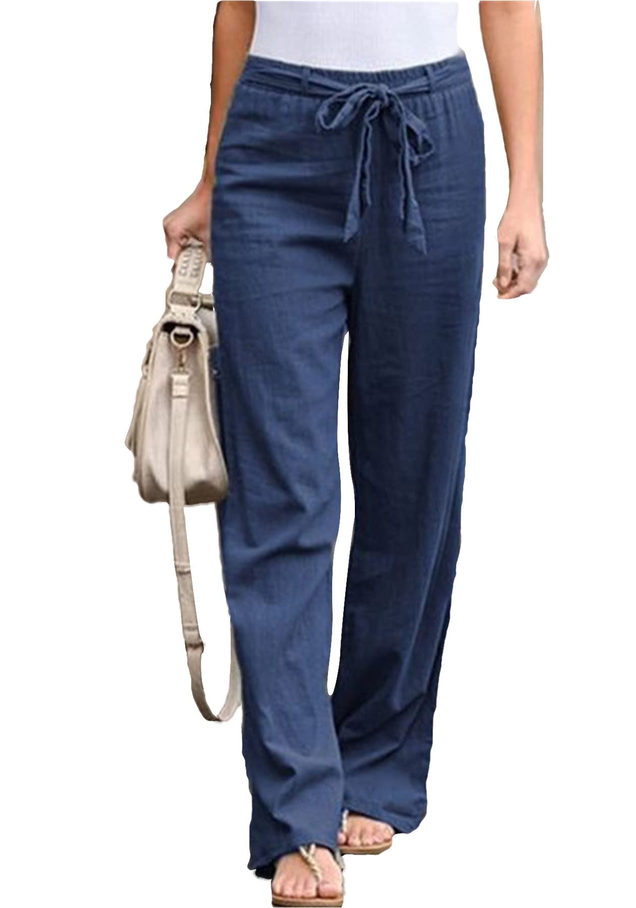 Women's Classic Denim Jeans Wide Leg Elastic High Waist Drawstring Pants  with Pockets, Fleece Dark Blue, S : : Fashion