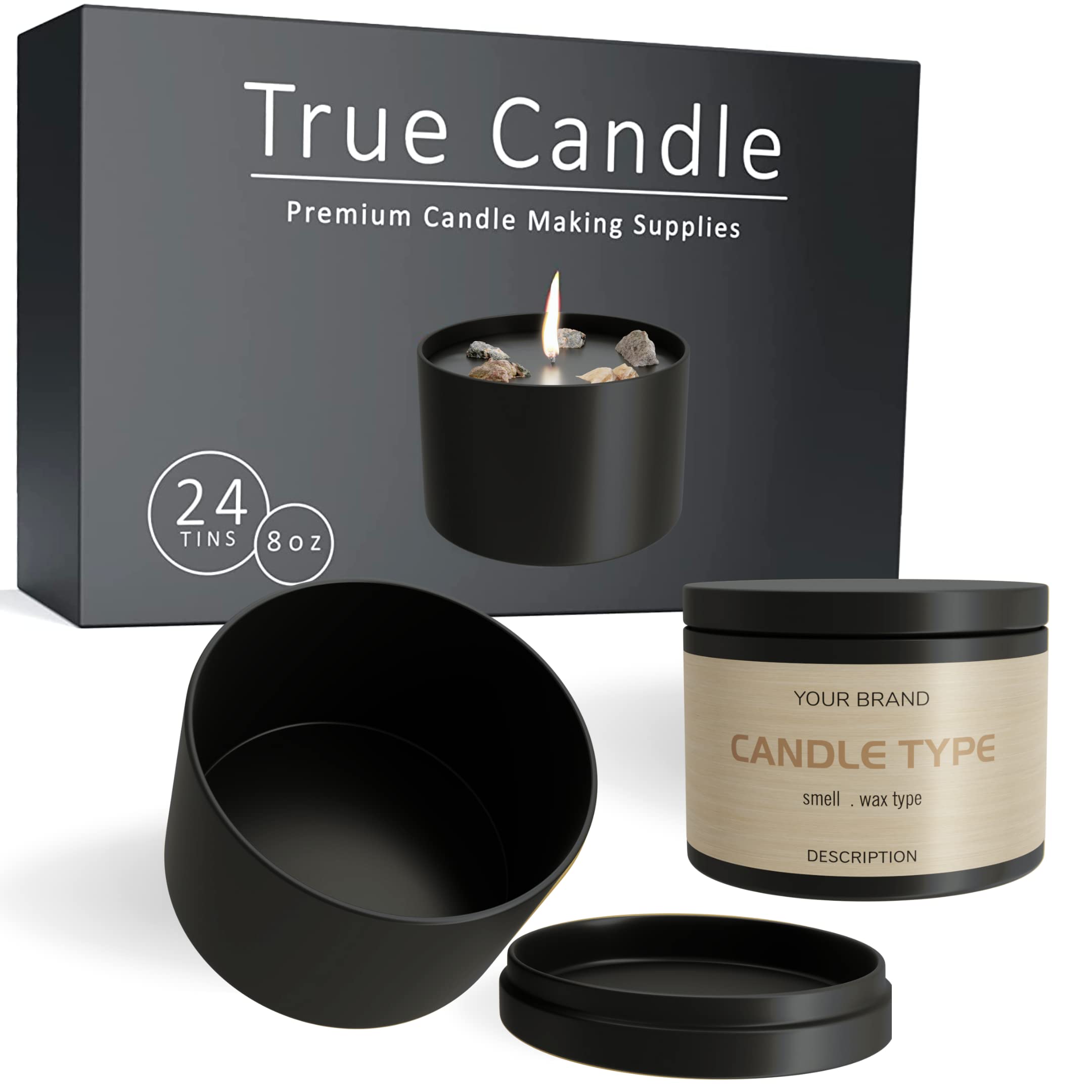 True Candle - 24-Pack 8oz Matte Black Candle tins - Edgeless Cylinder  Design - Bulk Candle Jars, Candle Making Supplies, Tin Candle Containers,  Empty Candle Bulk Jars with Lids for DIY Candles