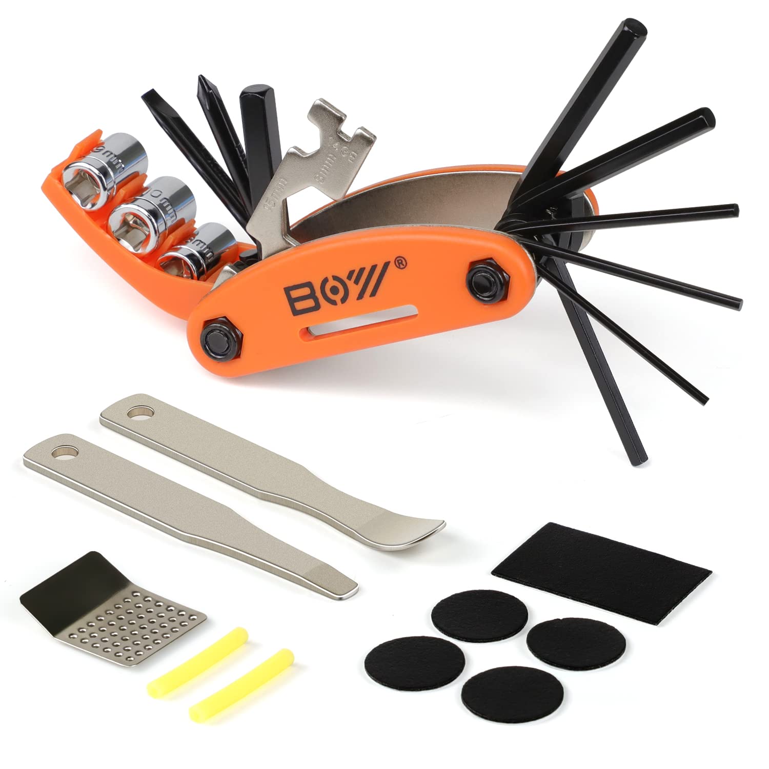 Portable Bike Repair Kit include 16 in 1 Multi Tool, 2 iron Tire Levers and  5