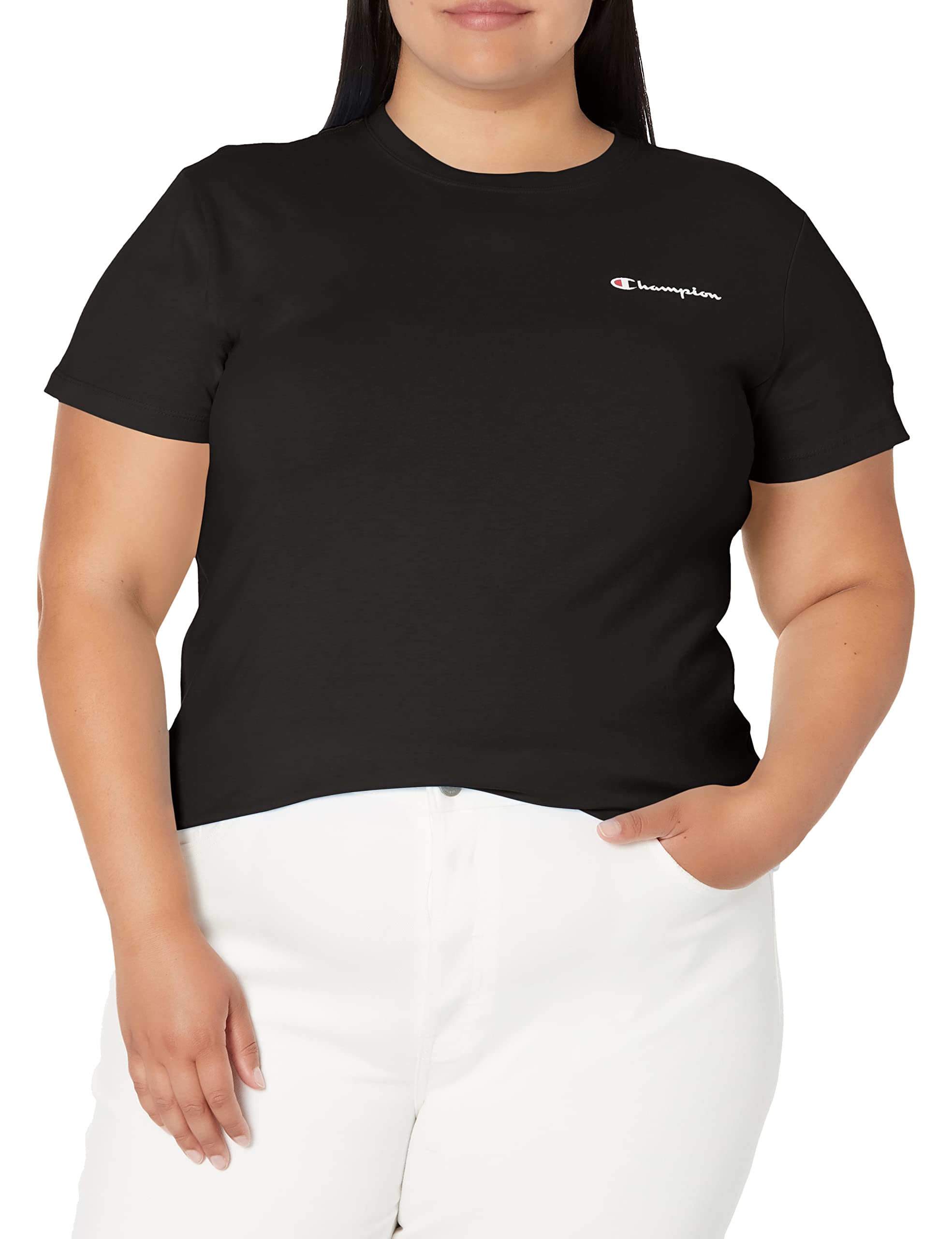 Champion Women\'s T-Shirt, Classic Cotton-Blend T-Shirt, Crewneck Tee, Jersey  T-Shirt, Script Logo Medium Black Small Script
