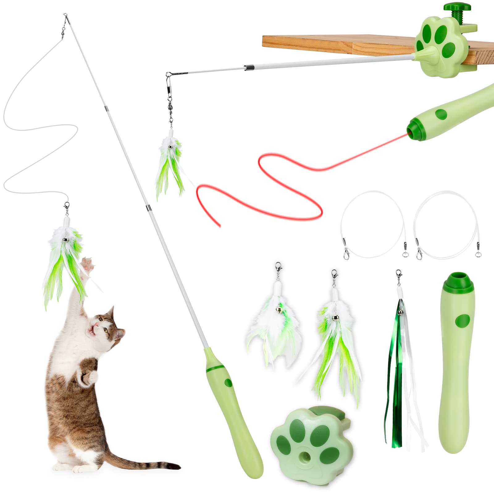 BEBOBLY 3-in-1 Retractable Cat Wand Toys for Indoor Cats, Automatic  Interactive Feather Cat Toy Teaser Fishing Pole, 2 Real Feathers & Long  Ribbon w/ Bells, Electronic Smart Pet Exercise Kitten Toys Green