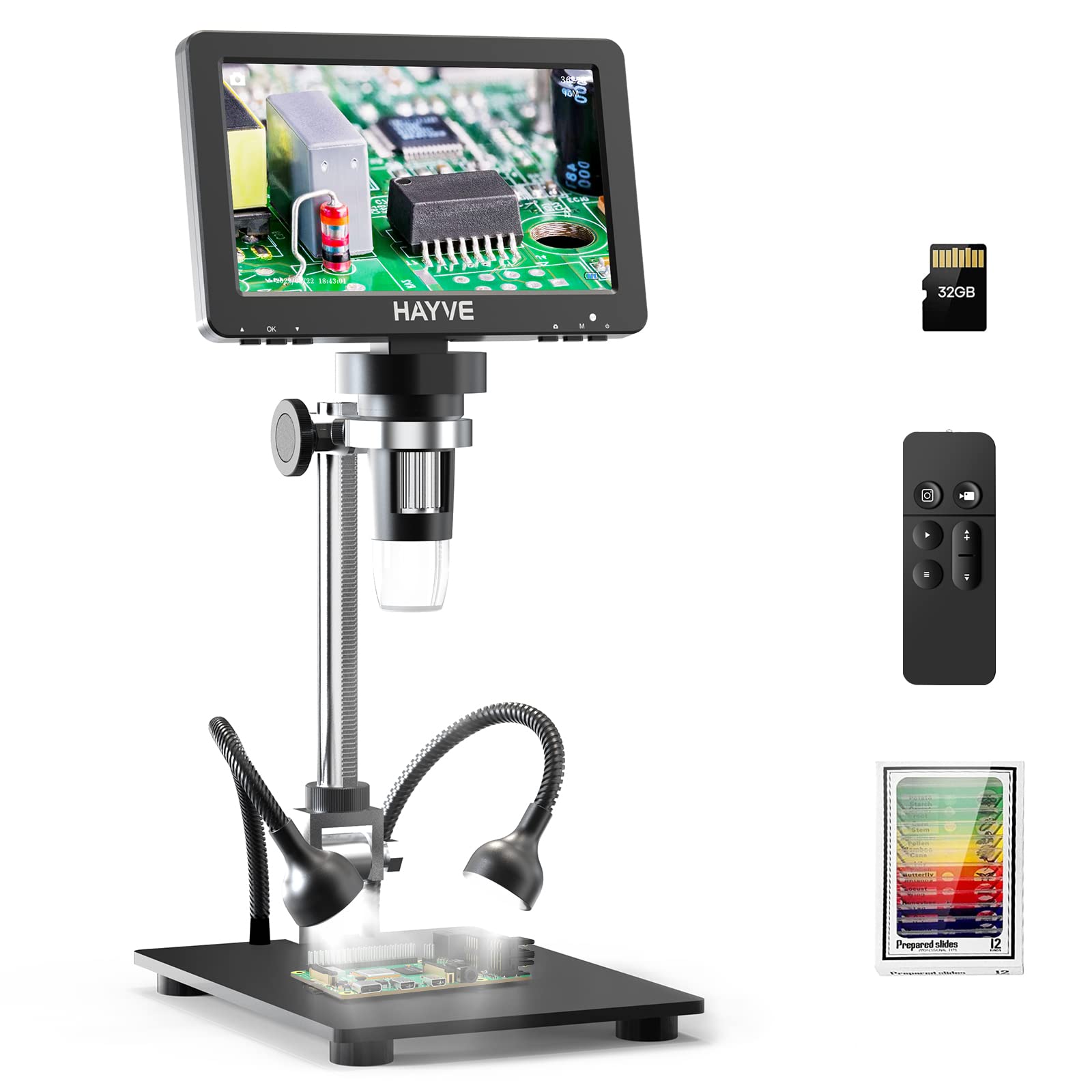 Hayve 7'' HDMI Digital Microscope,1200X Coin Microscope with IPS Screen,  16MP Soldering Microscope with Lights, 8.5'' Long Stand, View Entire Coin,  Compatible with PC/TV, 32GB Card 7''HDMI IPS Digital Microscope(DM9-H)
