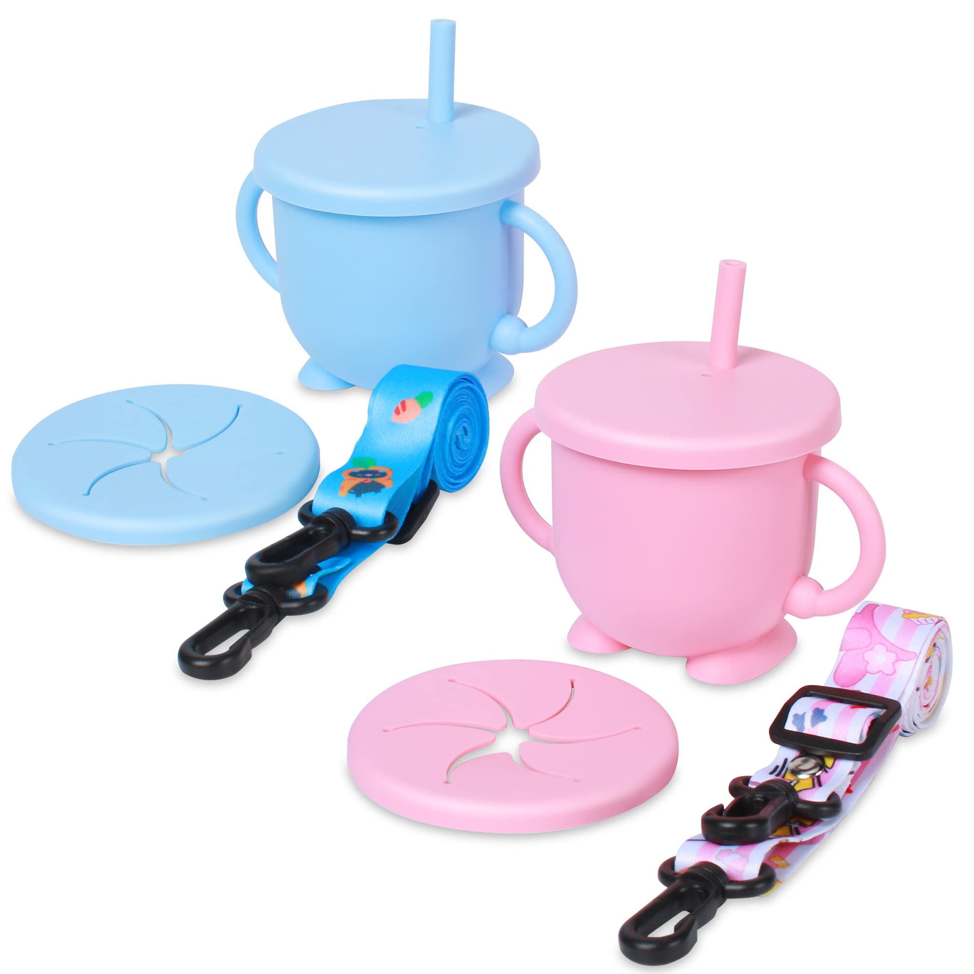 Mytium Snack Cups for Toddlers 2 in 1 Silicone Snack Cup+Straw with  Adjustable Strap 2PCS No Spill Toddler Snack Containers Baby Training Cup  for Toddler and Baby 6 Month+(Blue+Pink)