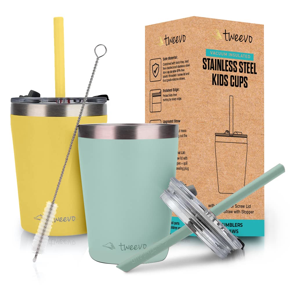 Tweevo Kids Tumblers with Spill-Proof Screw Lids - Tumbler 8.5 oz.  Stainless Steel Cups With Straws and & Straw Brush Adorable Spill Proof for  2 Pack Blue Yellow