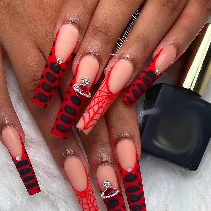 YOSOMK French Tip Long Press on Nails with Designs Black and Red Spider Web  False Fake Nails Giltter Acrylic Nails Press On Coffin Artificial Nails for  Women Stick on Nails With Glue