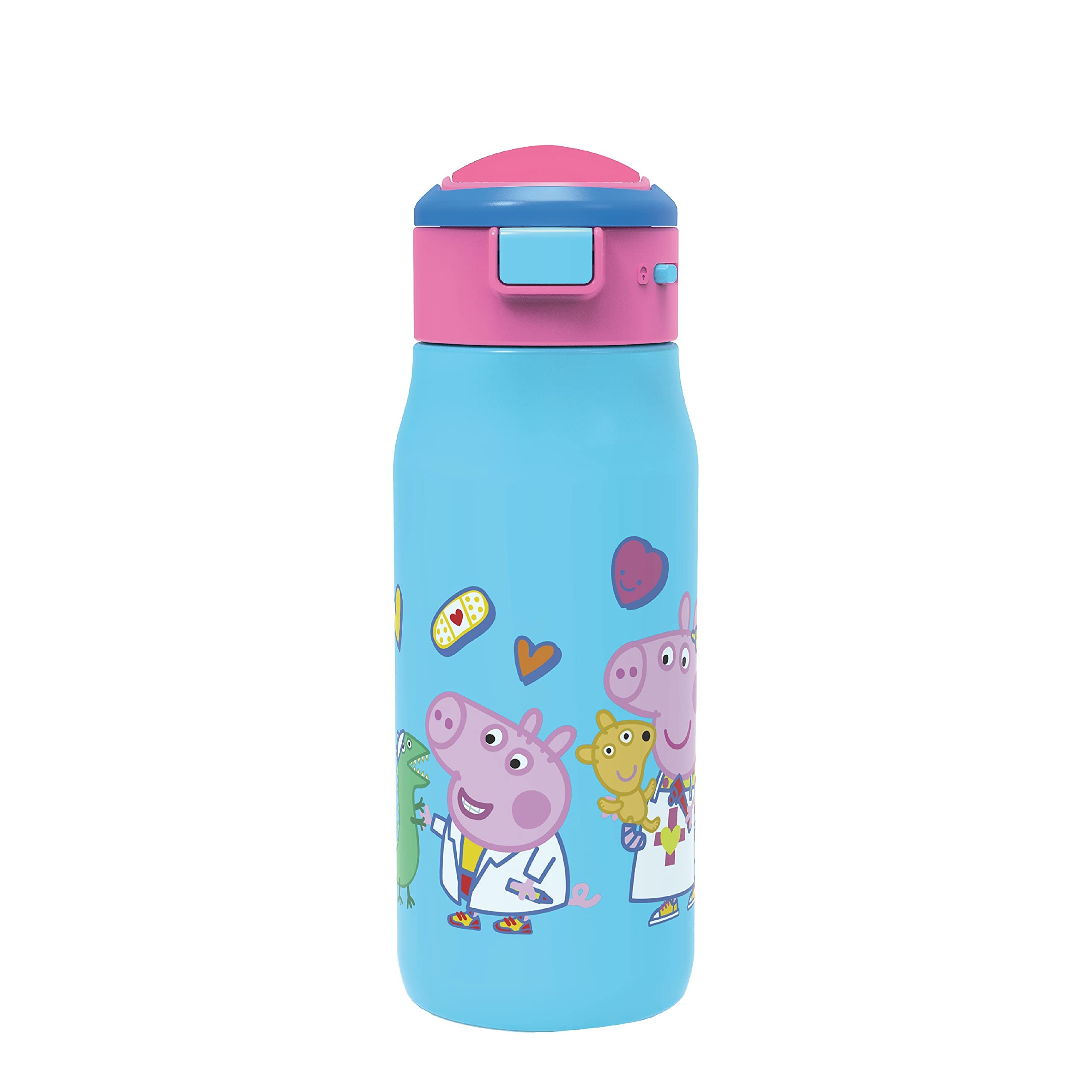 Zak Designs Bluey 14 oz Double Wall Vacuum Insulated Thermal Kids Water Bottle, 18/8 Stainless Steel, Flip-Up Straw Spout, Locking Spout Cover