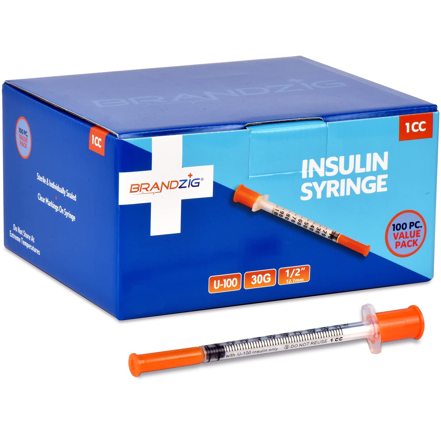 Brandzig Ultra-Fine Insulin Syringes 30G 1cc 1/2 100-Pack