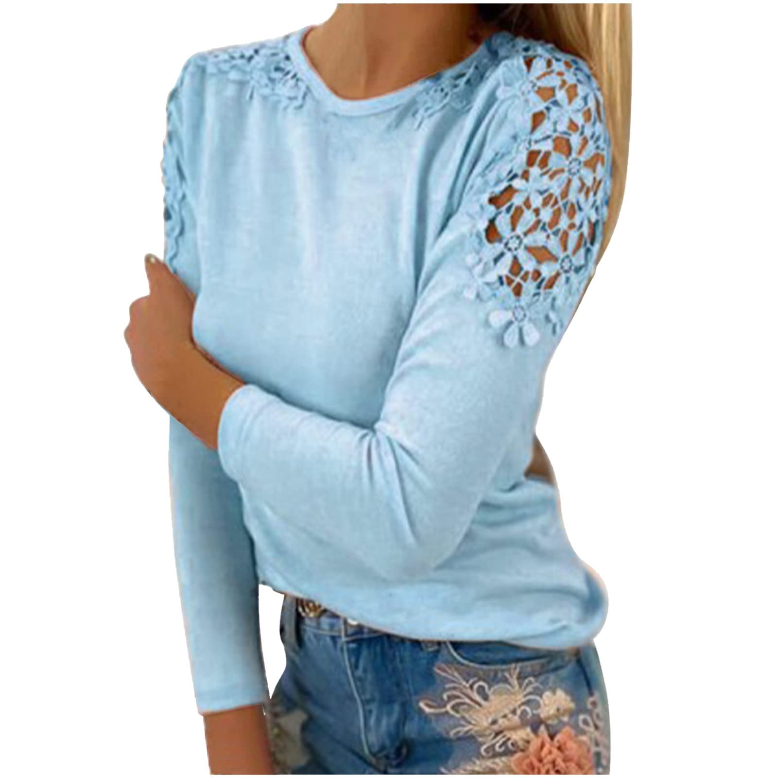 Womens Spring Tops Lace Crochet Long Sleeve Shirts Sexy Hollow Out Cold  Shoulder Pullover Dressy Casual