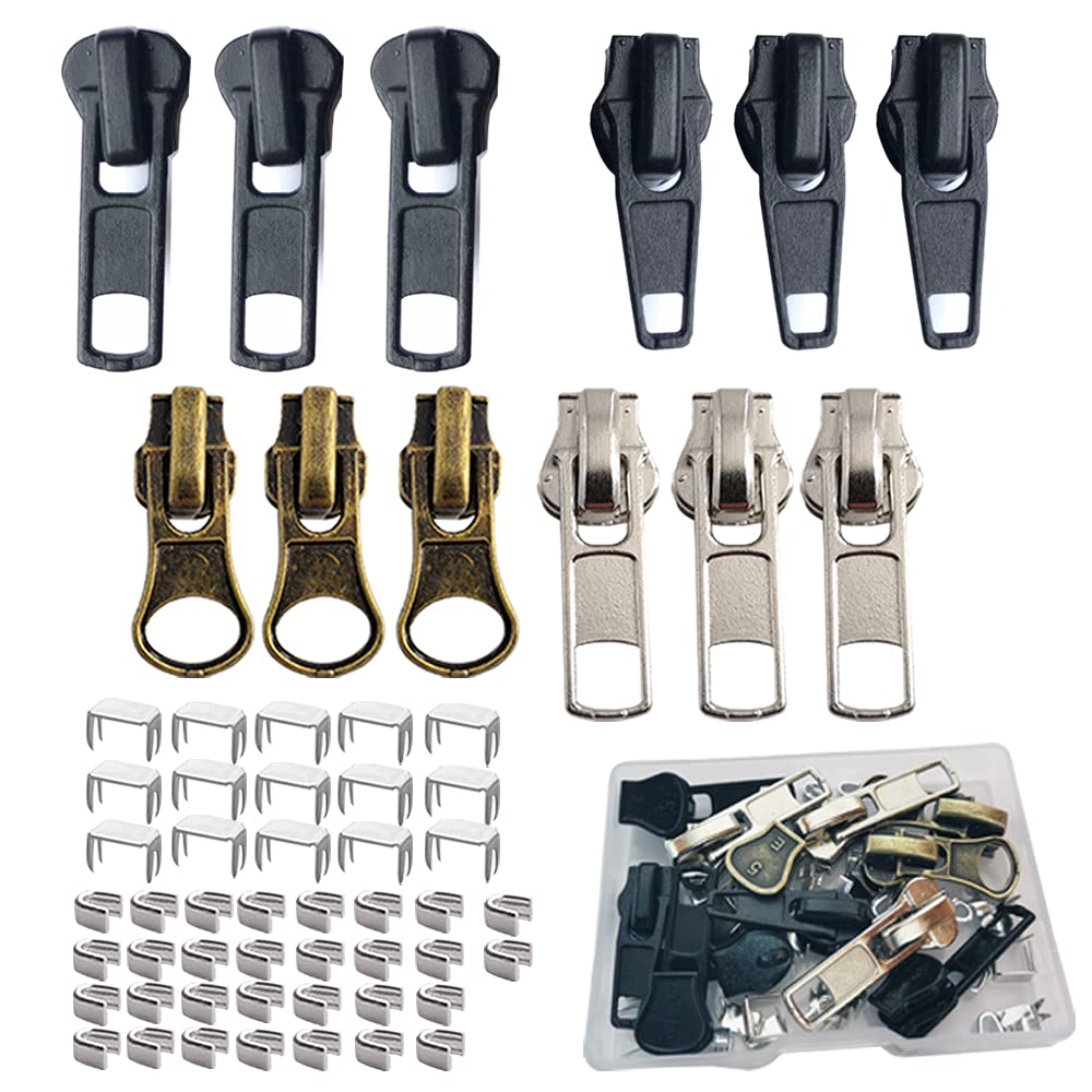 Zipper Repair Kit 5 Sliders with Pull 12 Pcs Zipper Stops Replacement  Zipper Head Bottom Stop and Top Stop Fix Zipper On for Repairing Coats  Jackets Metal Plastic and Nylon Coil Zippers.
