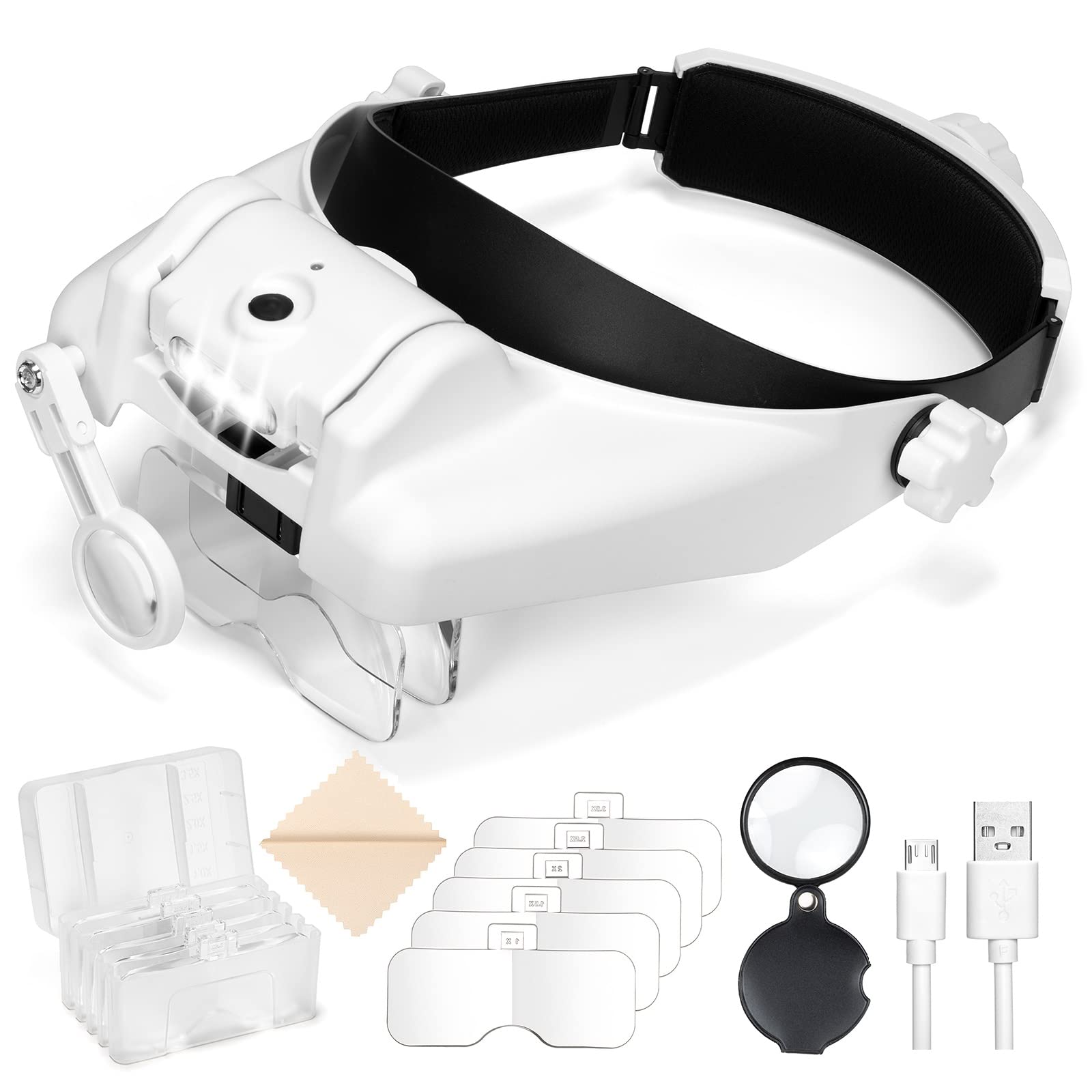 Headband Magnifying Glass with Light, 1X to 14X Magnifying Glasses with  Light for Close Work, Hands Free Rechargeable Magnifier with 6 Lenses  Jewelers Loupe for Reading Arts Crafts