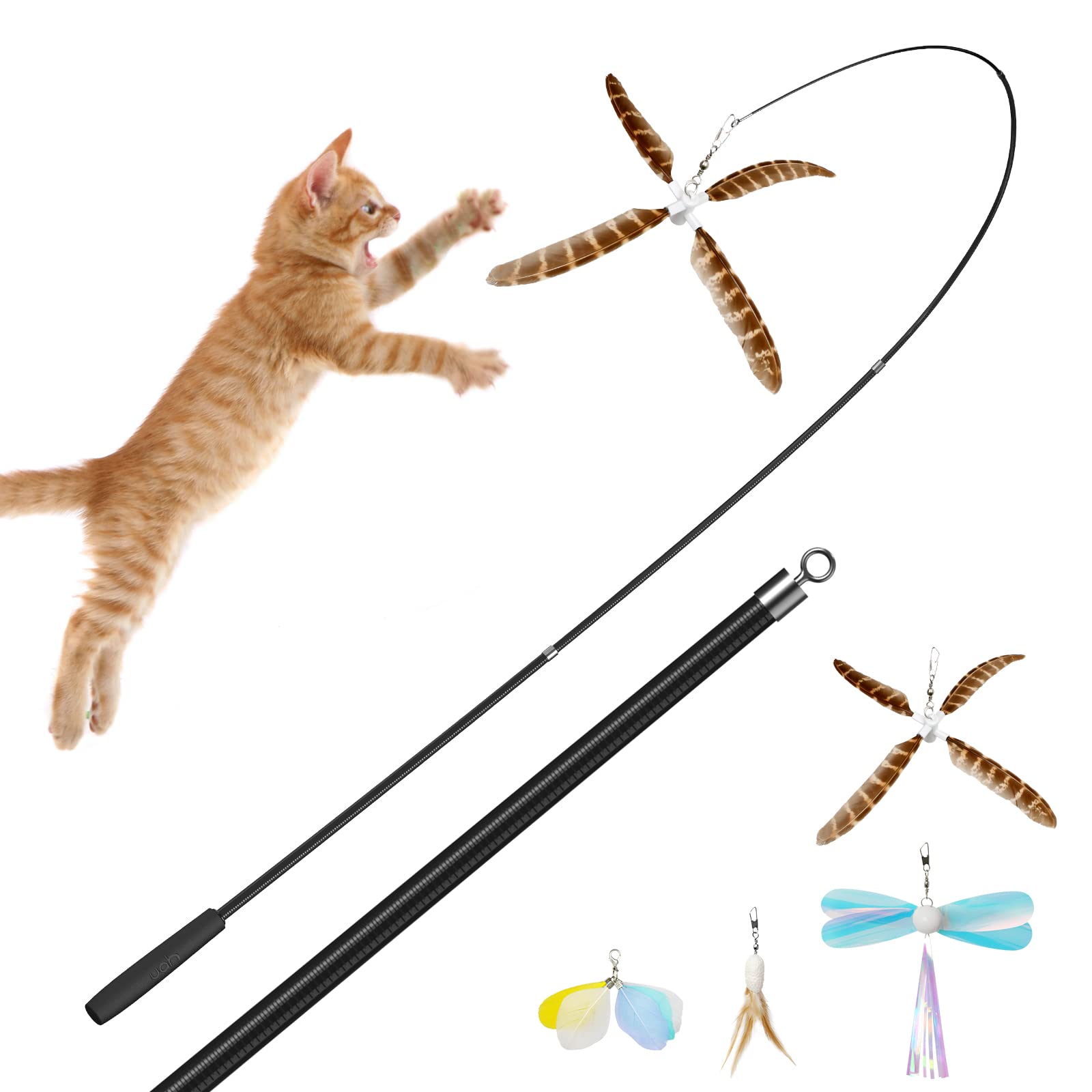 uahpet Natural Feather Cat Toys for Indoor Cats Retractable Cat Wand 60inch  Safe Hunting Distance Interactive