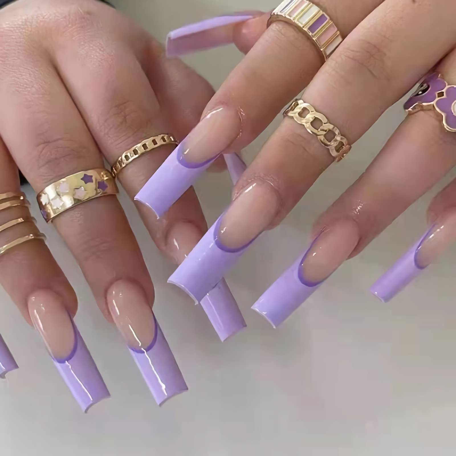 BABALAL Coffin Press on Nails Long French Tip Fake Nails with Nail Glue  Purple Glossy Glue on Nails 24pcs Ballerina Acrylic Nails with Designs Full  Cover False Nails J10
