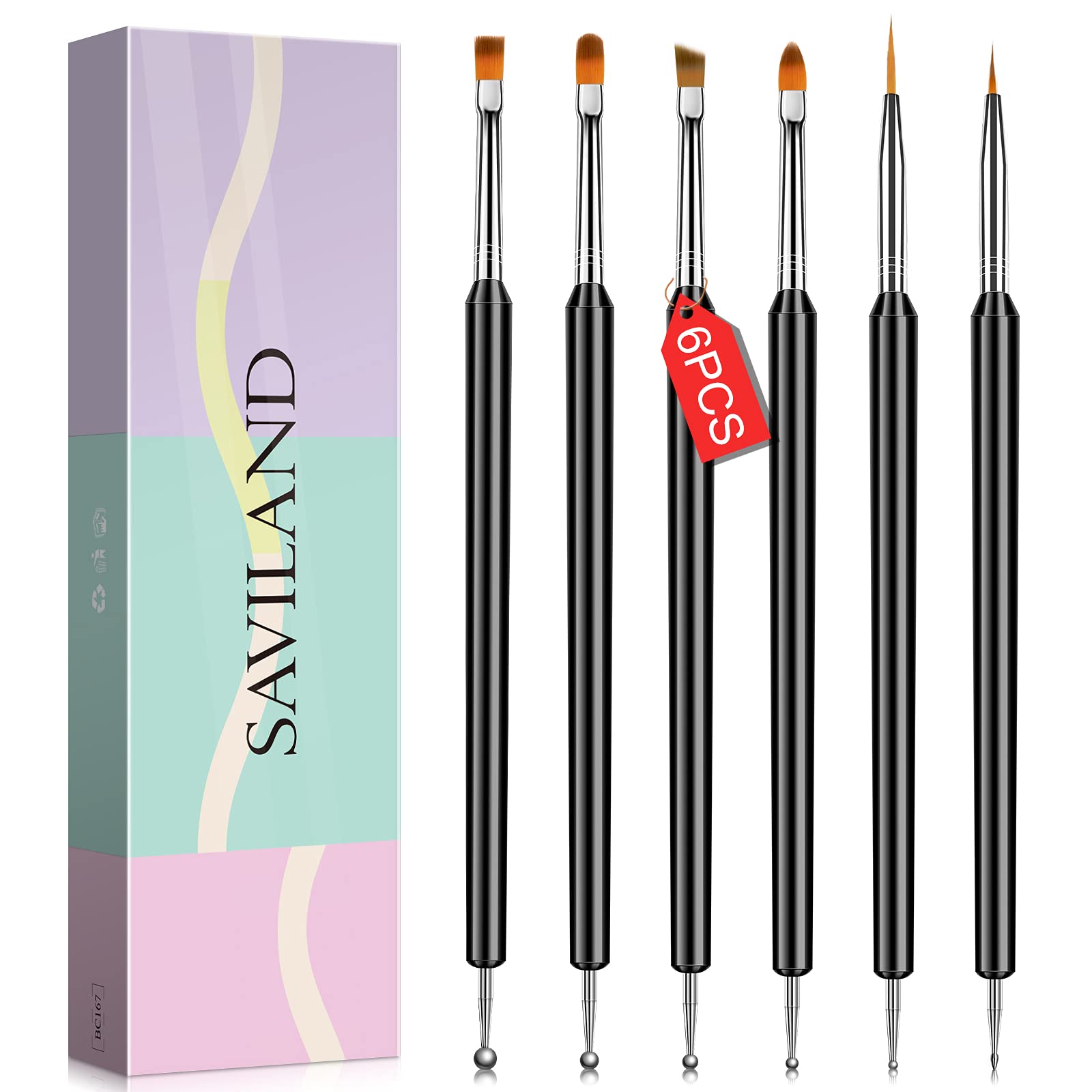 Saviland Nail Art Brushes Set - 6pcs Double-End Nail Art Brushes Kit  Professional Nail Art Tools Kit with Painting Dotting Line Pen for Gel  Polish Nail Design Nail Carving French Nails A-6