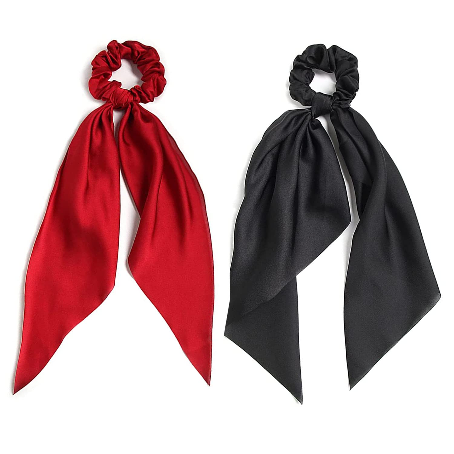 2 PCS Hair Scrunchies Scarf Red Black Hair Ribbon Satin Silk Elastic Hair  Tie Bow Bands Ponytail Holder Accessories for Women Girls Black & Red