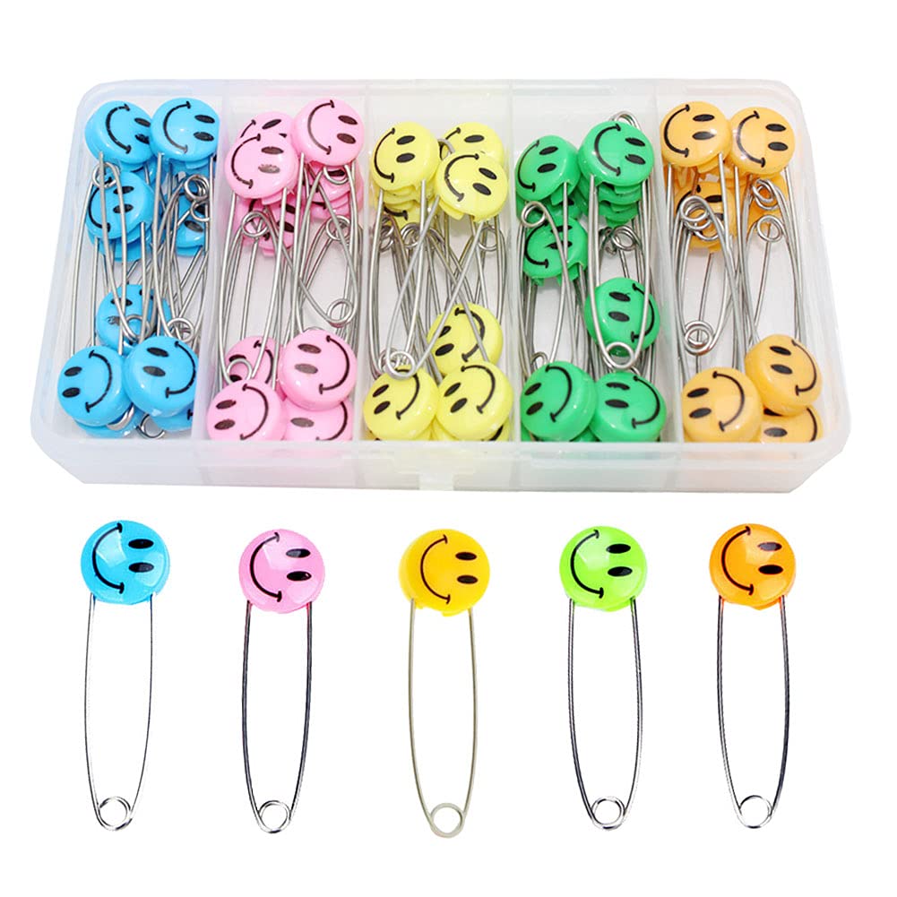 ARTCXC 1Box(50Pcs) 55mm/ 2.2 Inch Safety Pins Smiling Face Plastic Head  Stainless Steel Diaper Pins