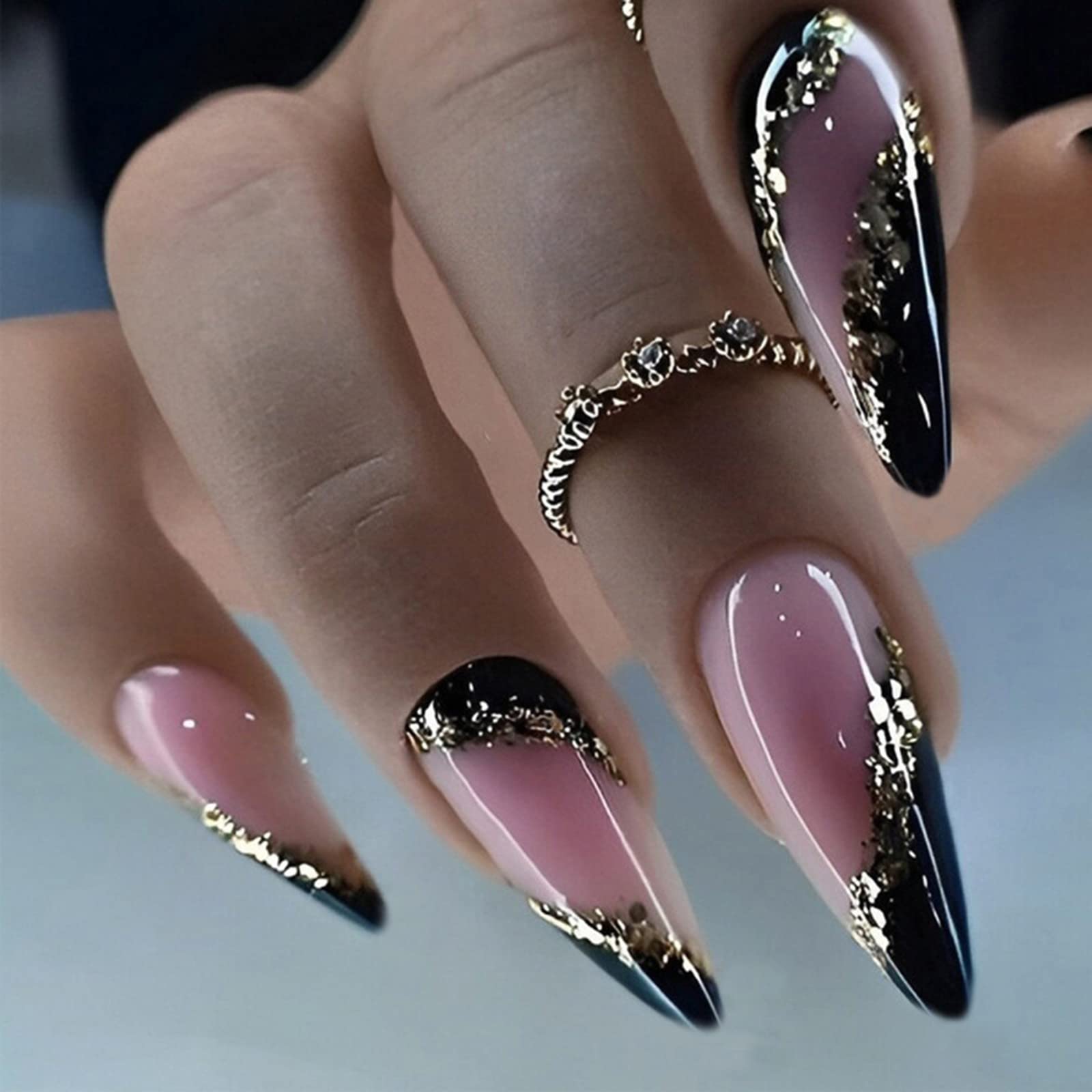 24 Pink Purple Swirl Almond Press on nails iridescent glue on medium a –  surethings.net
