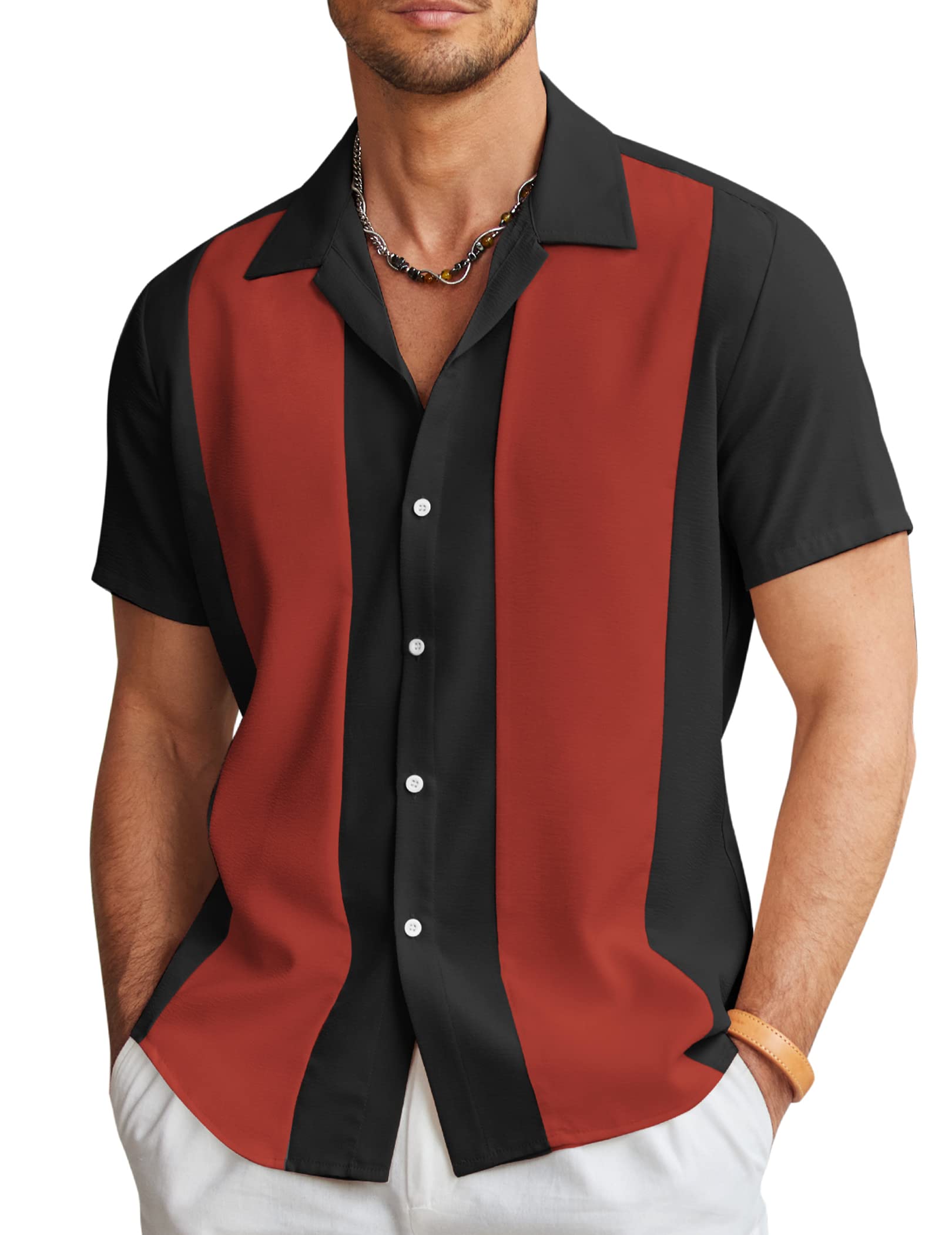 COOFANDY Men's Vintage Bowling Shirt Short Sleeve Button Down