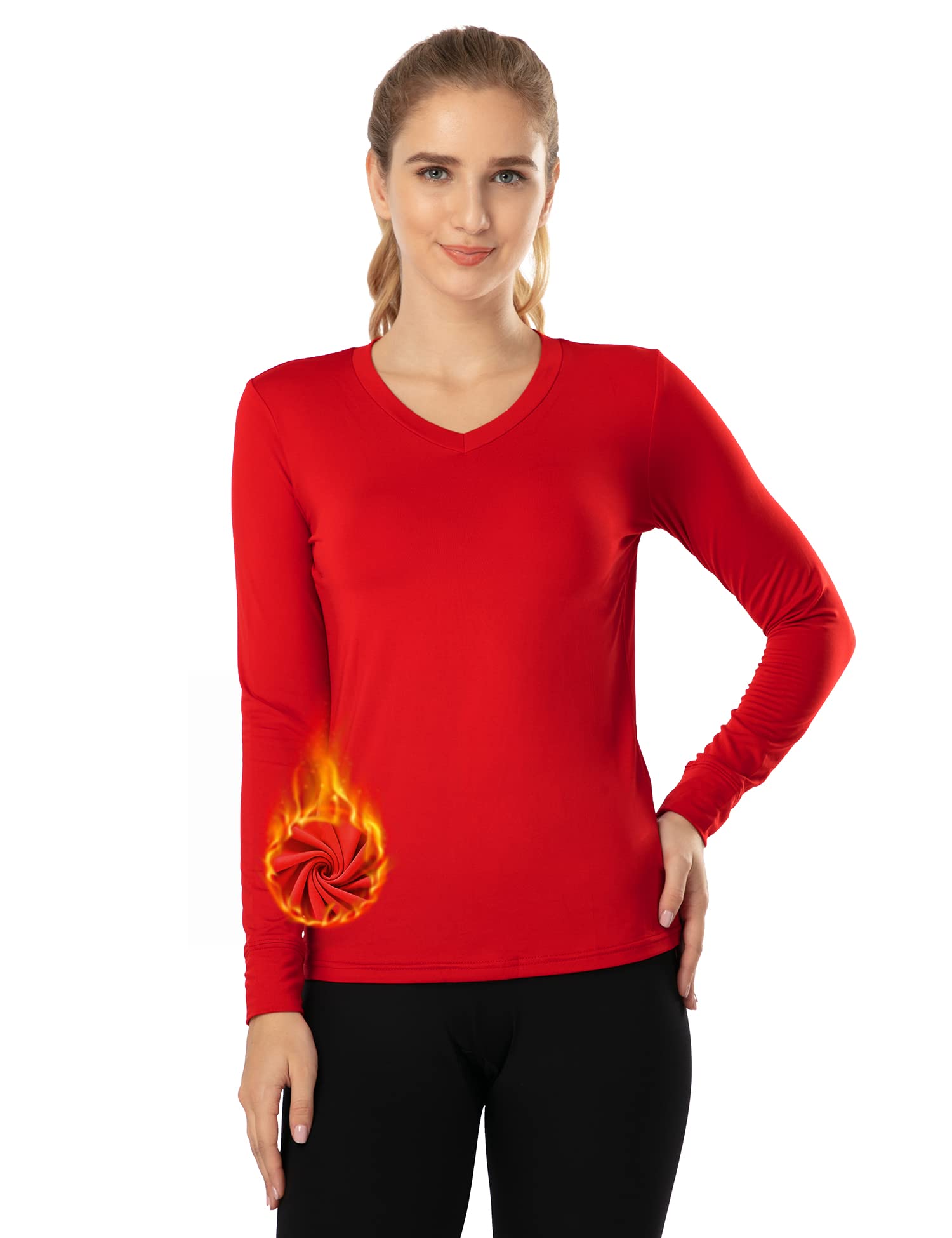 Subuteay Thermal Tops Fleece Lining Long Sleeve Thermal Shirt Womens Ultra Warm  Thermal Underwear for Women Cold Weather V Neck - Red Small
